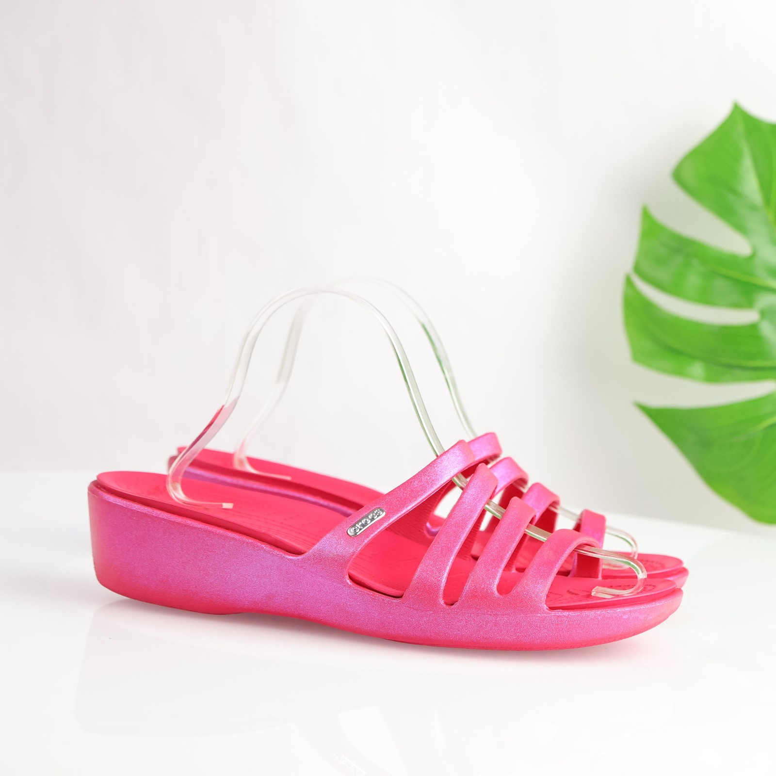Crocs Womens Rhonda Sandals Size 11 Pink Glitter Strappy Flip Slide Wedge Shoes