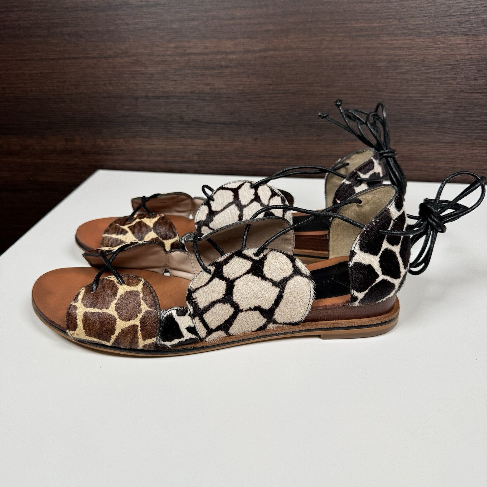 10 Crosby Derek Lam Animal Print Hair Lace Up Gladiator Sandals Ankle Wrap 9M