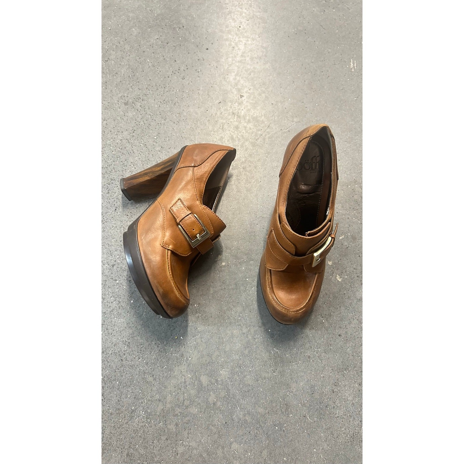 SOFFT Brown Leather Buckle Platform Heels