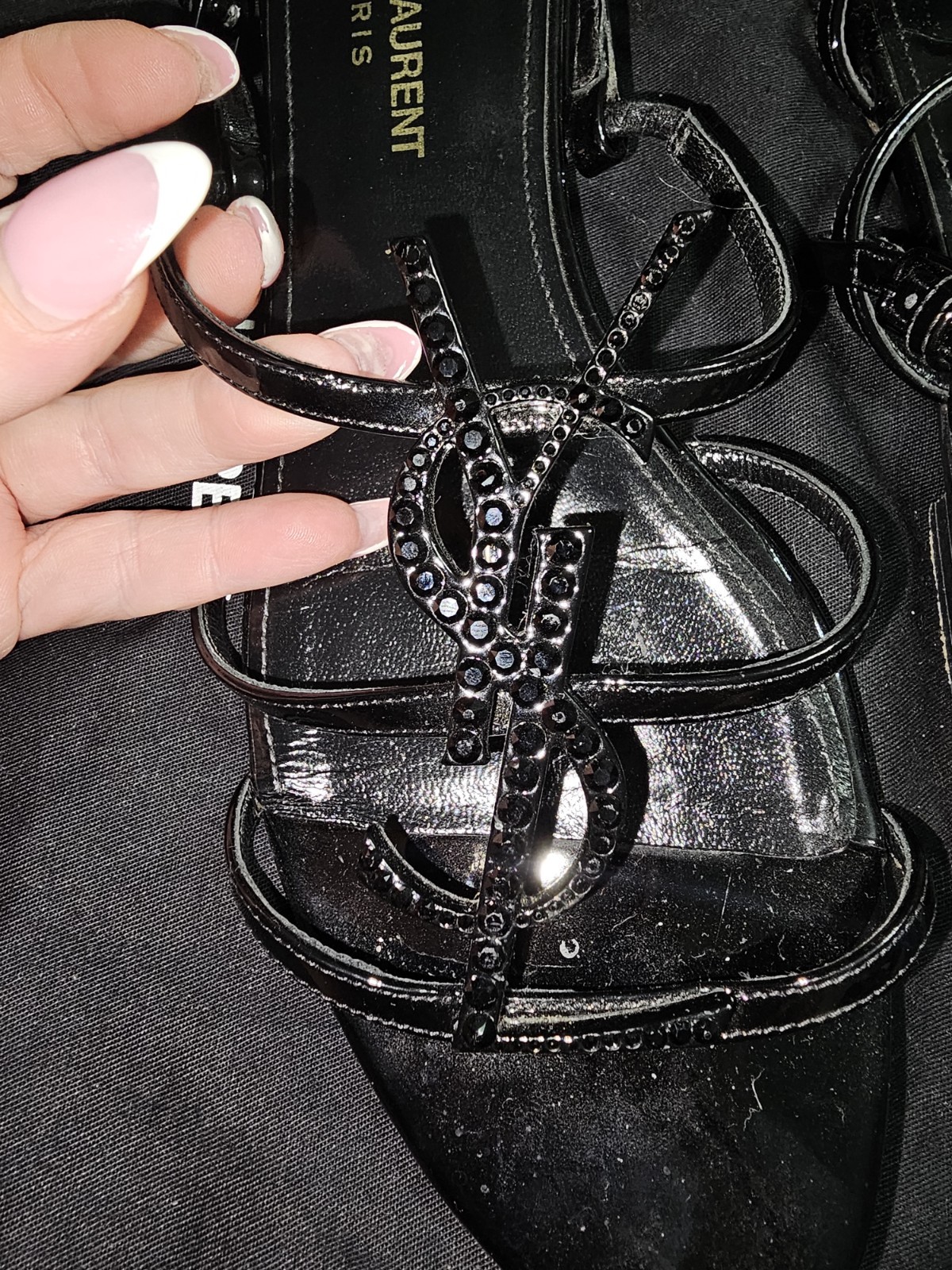 YSL SAINT LAURENTCassandra Flat Sandals in BLACK Patent Leather With CRYSTALS