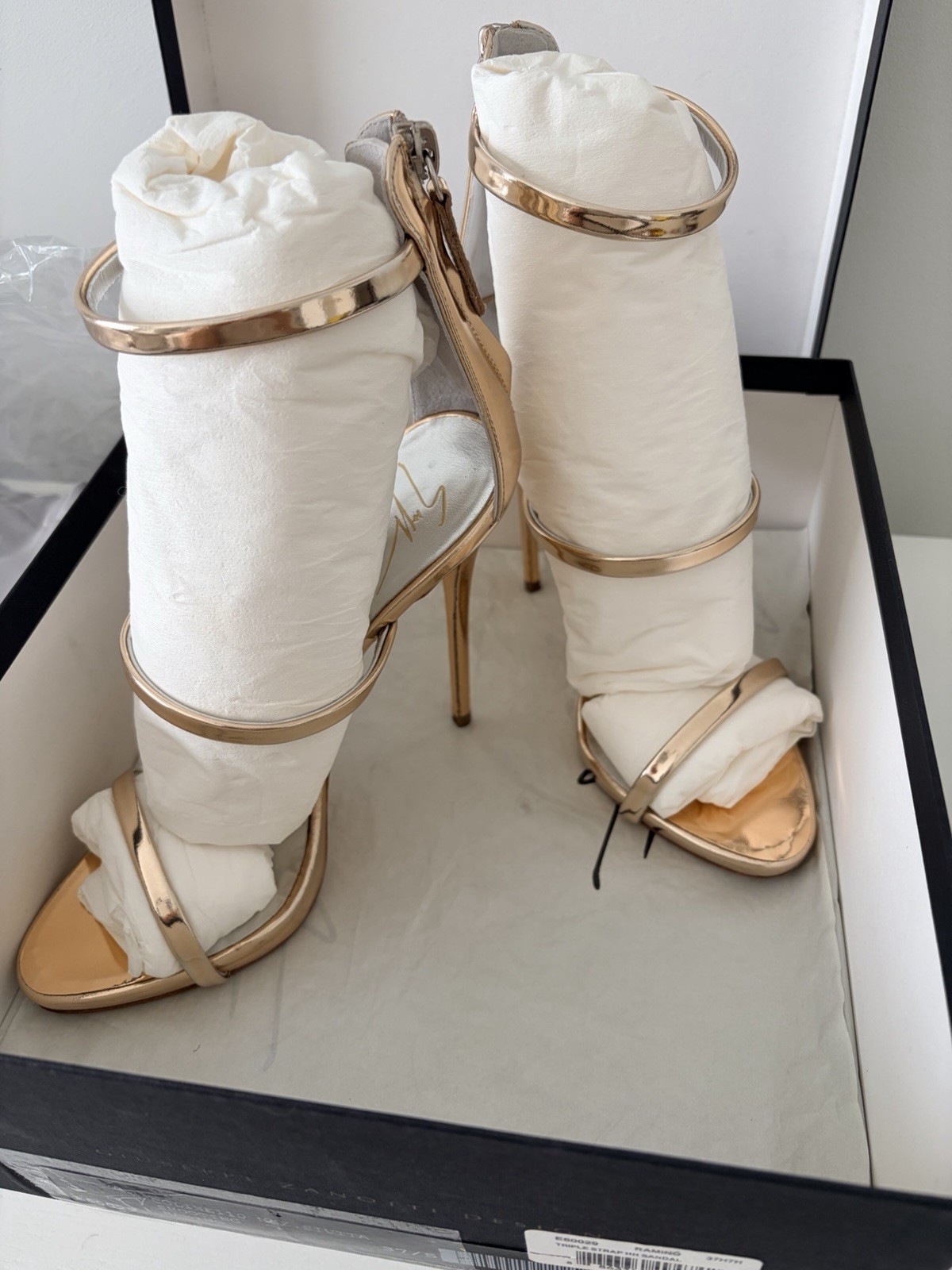Giuseppe Zanotti Gold Strappy Open Toe Ankle Strap Stiletto Heels 37.5