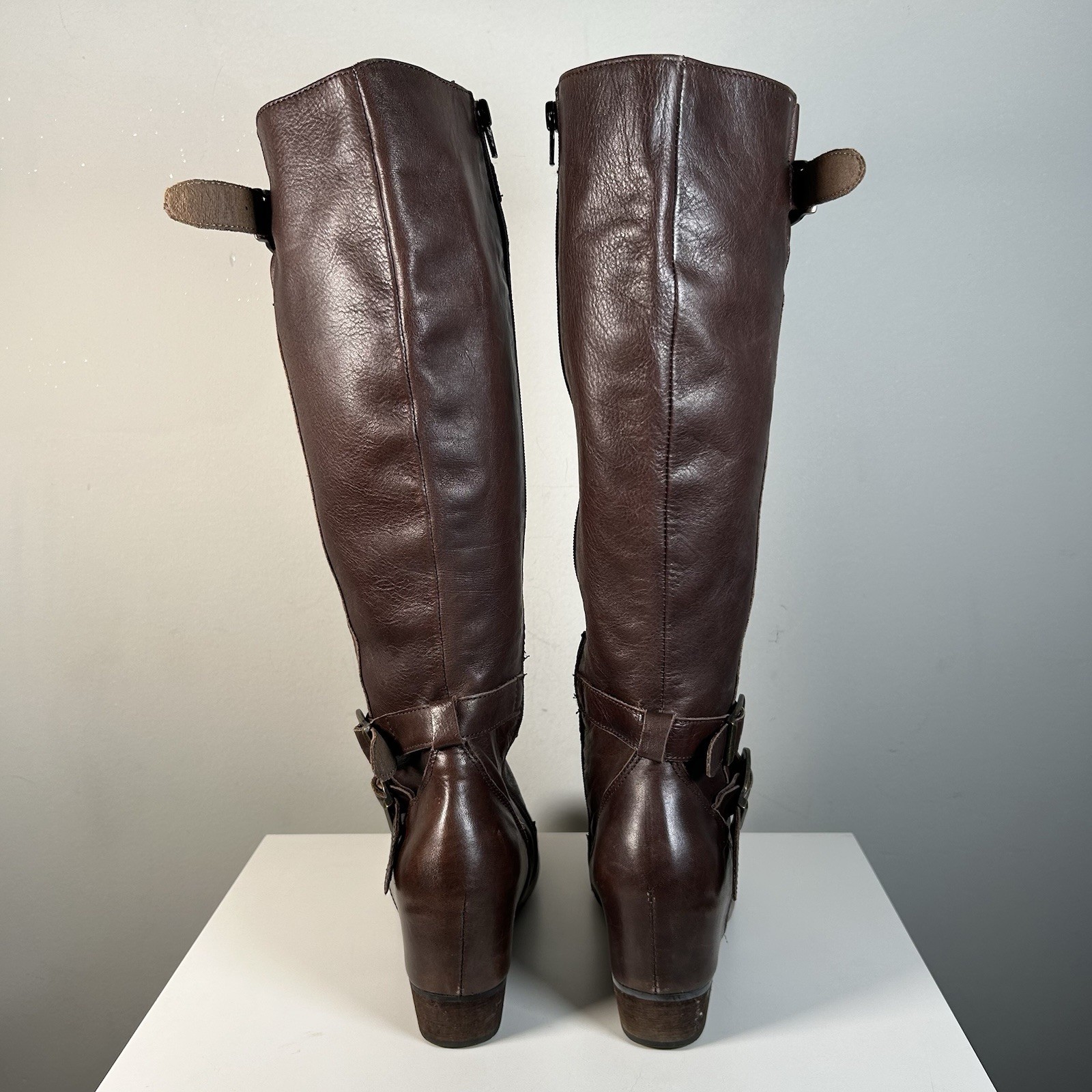 Miz Mooz Brown Brown Leather Moto Buckle Strap Hidden Wedge Boot Sz 8.5