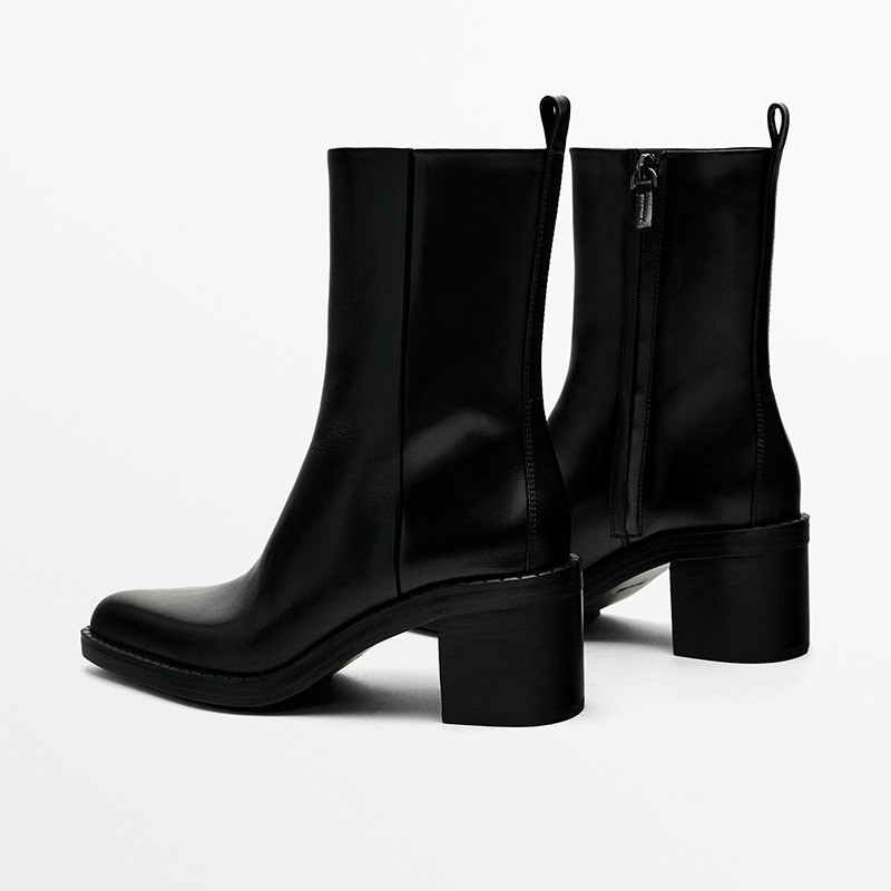 Massimo Dutti Women’s Leather Ankle Boots Pointed Toe Chunky Heel Side Zip