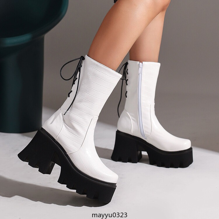 Womens Platform High Block Heel Zip Square Toe Casual Ankle Boots Shoes Biker