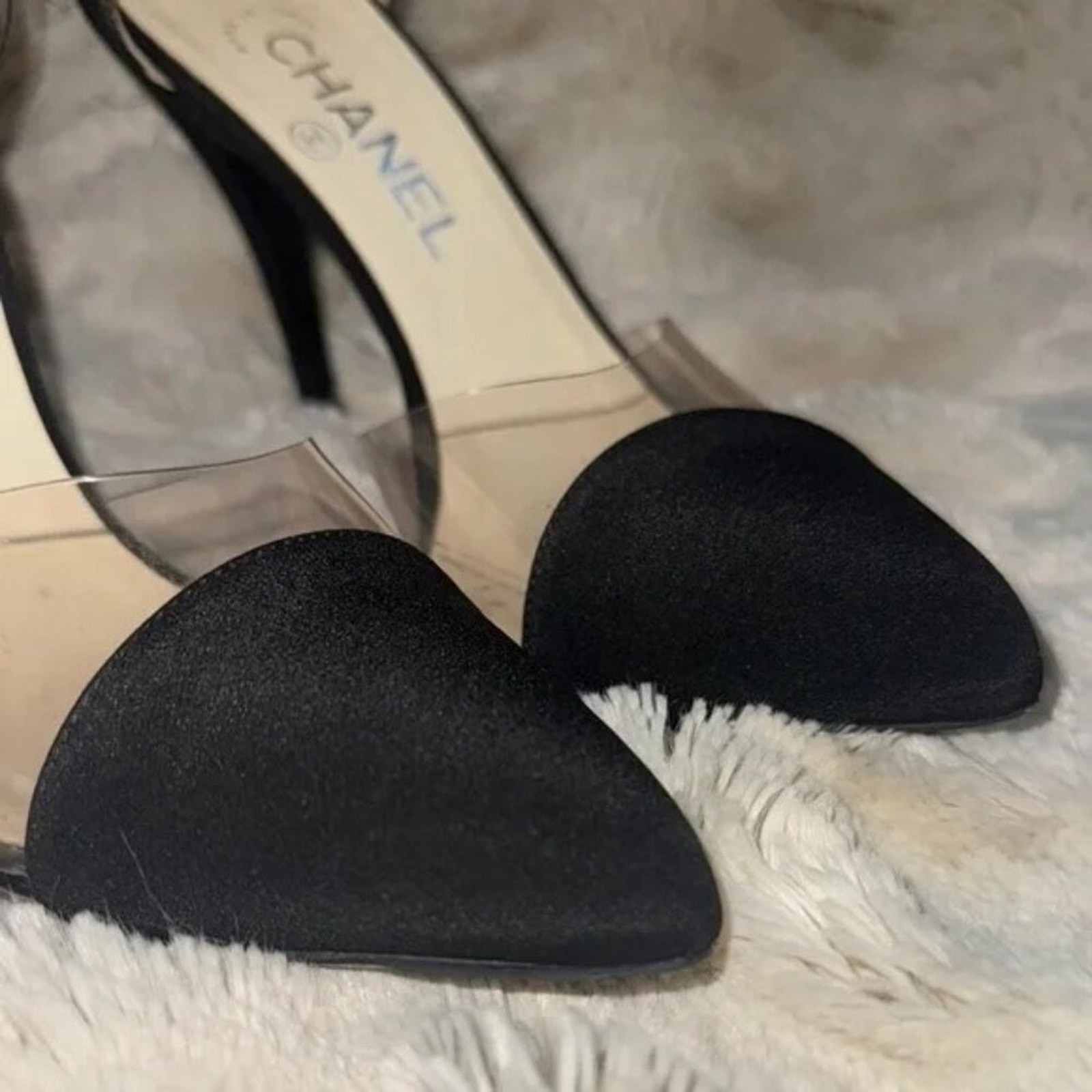 CHANEL Black & Transparent Ankle Strap Heels Size 37.5/ US 7 Made In Italy