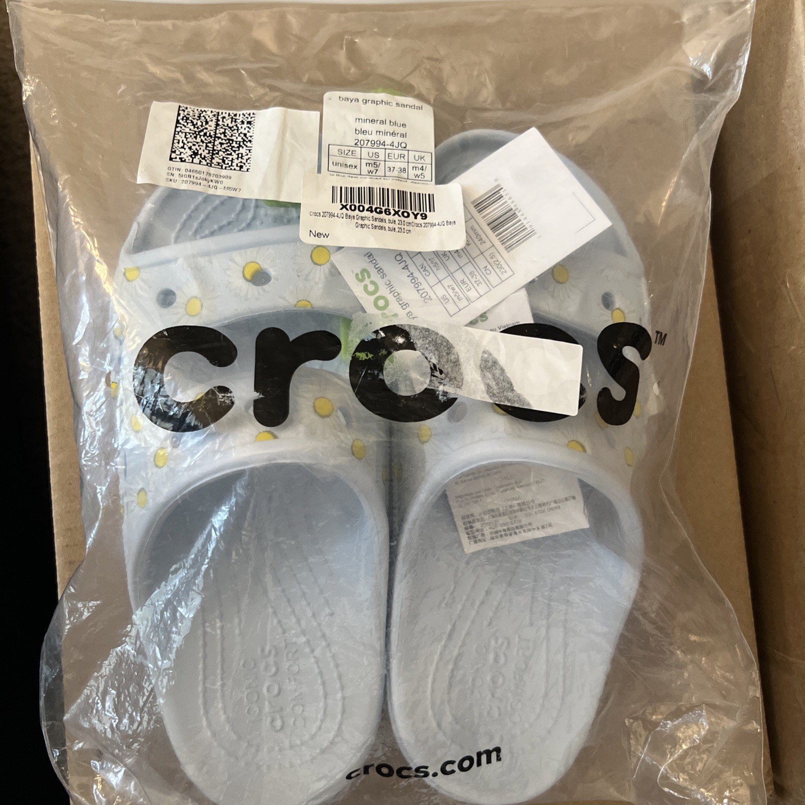 Crocs Baya Graphic Sandal Men’s 5 Women’s 7 Mineral Blue Floral New With Tags