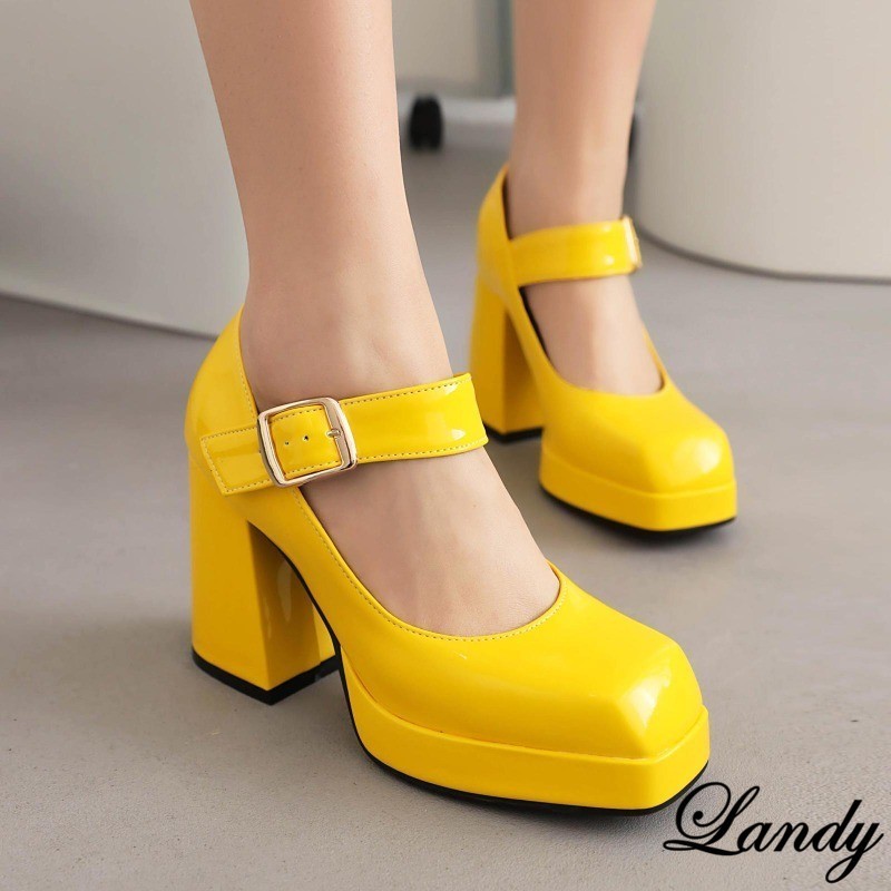 Womens Square Toe Dress Block High Heel Platform Clubwear Buckle Shoes Oversize