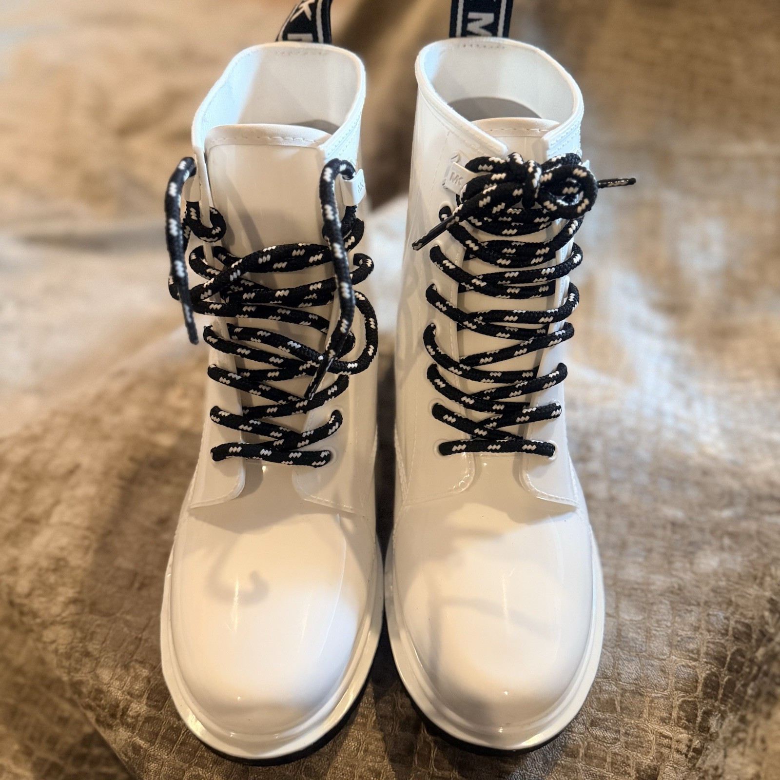 Michael Kors Women’s Waterproof Lace-Up Rain Boots White Logo Pull Tab