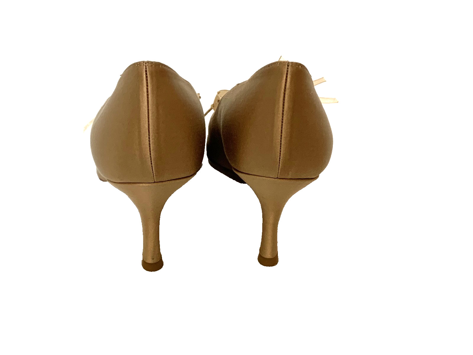 Stuart Weitzman Open Toe Gold Satin Pump With Bow and Rhinestones Size 9.5