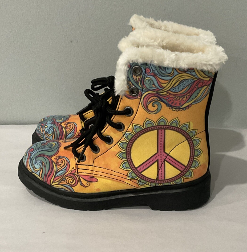 YES WE VIBE Women 6.5 Men 5 Combat Biker Hippie Boho Gothic Boots Peace Sign