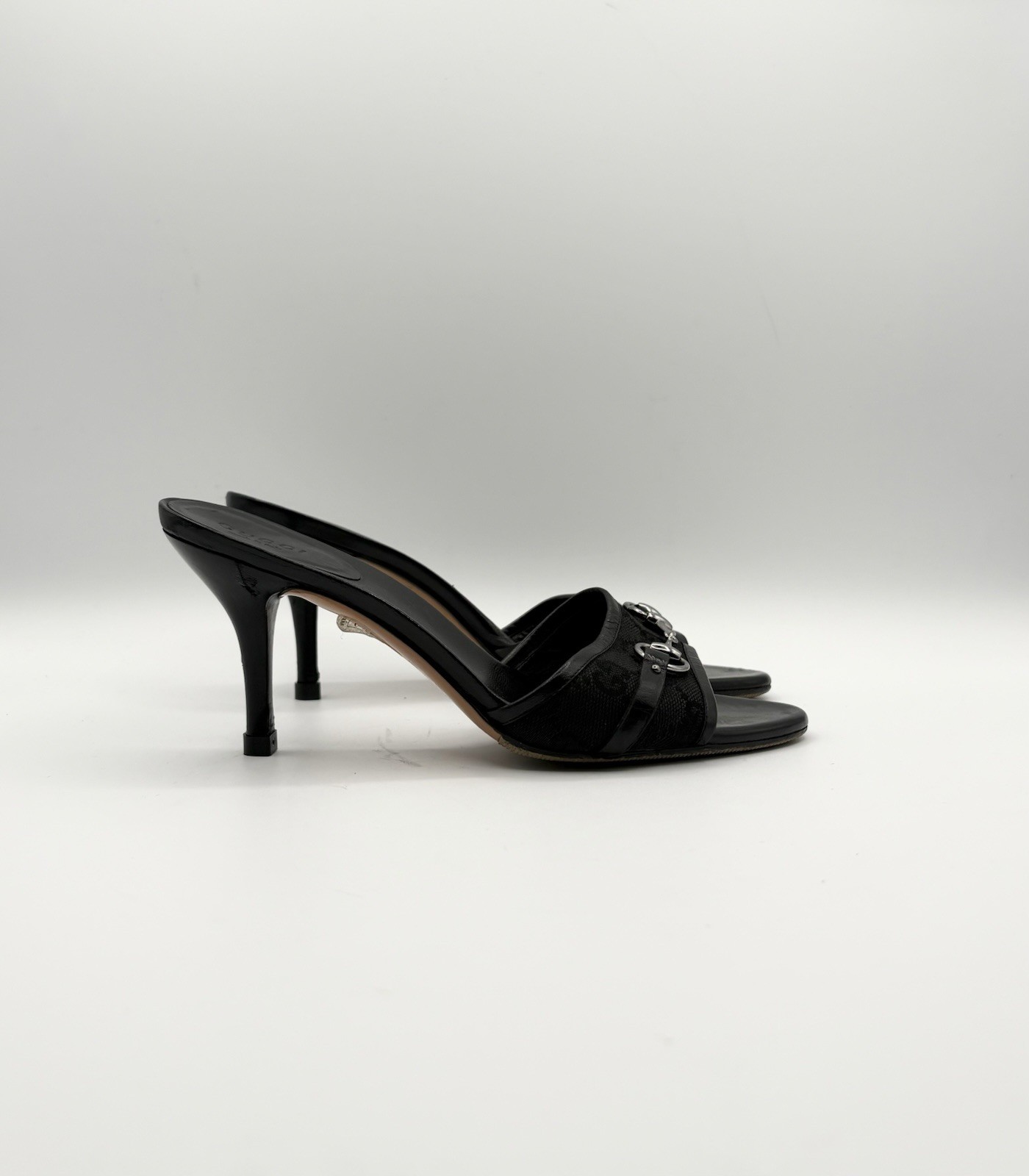 Gucci Black Leather Mules Canvas GG Logo Silver Horsebit Heels Y2K Size EU 35.5