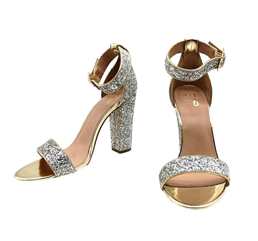 Mix No 6 heels Womens 9.5 Silver Glitter Varonika Block Heel Ankle Strap Party