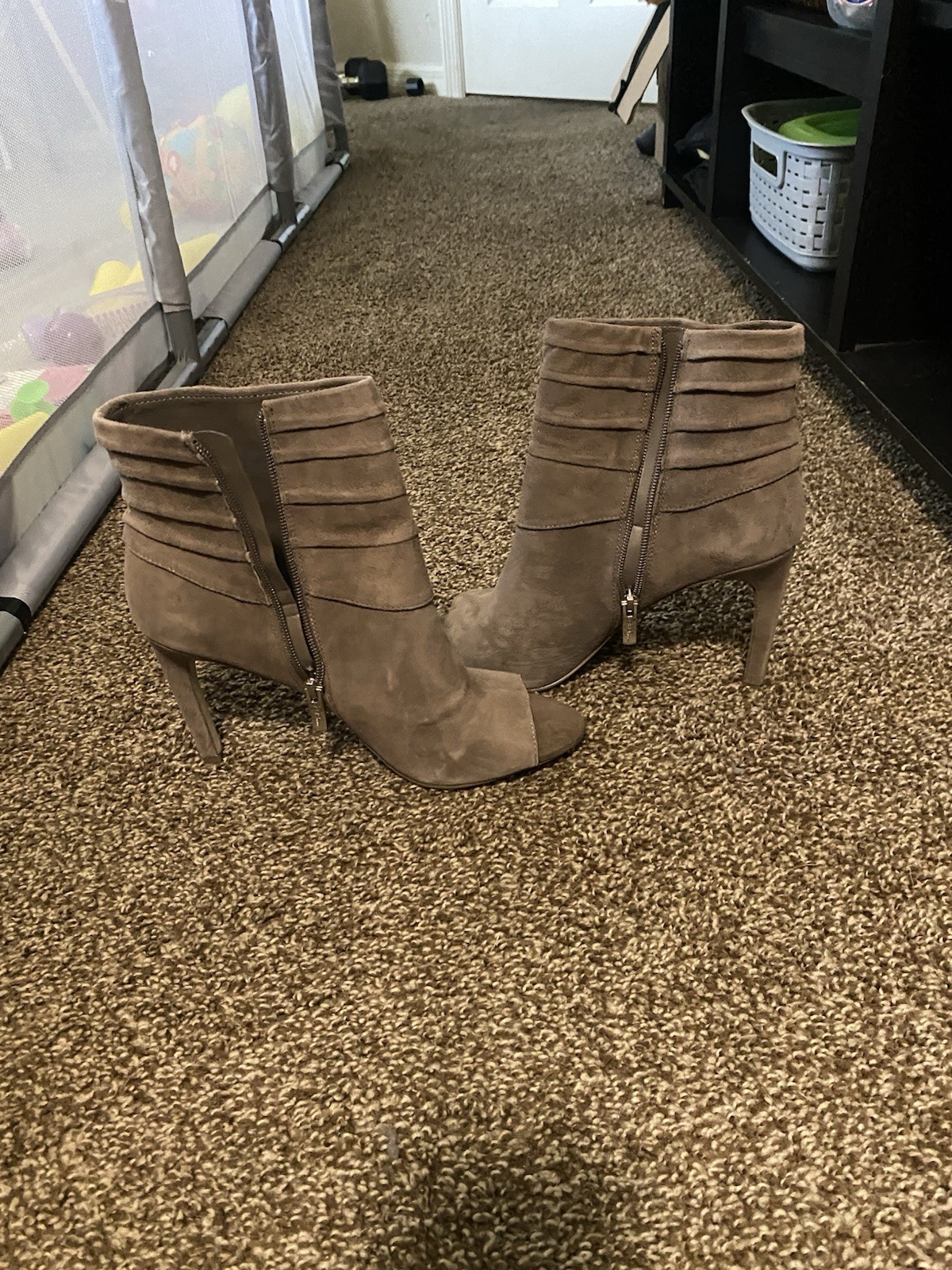 Women’s Beige Suede Peep Toe Ankle Booties Stiletto Heel Zip Zipper