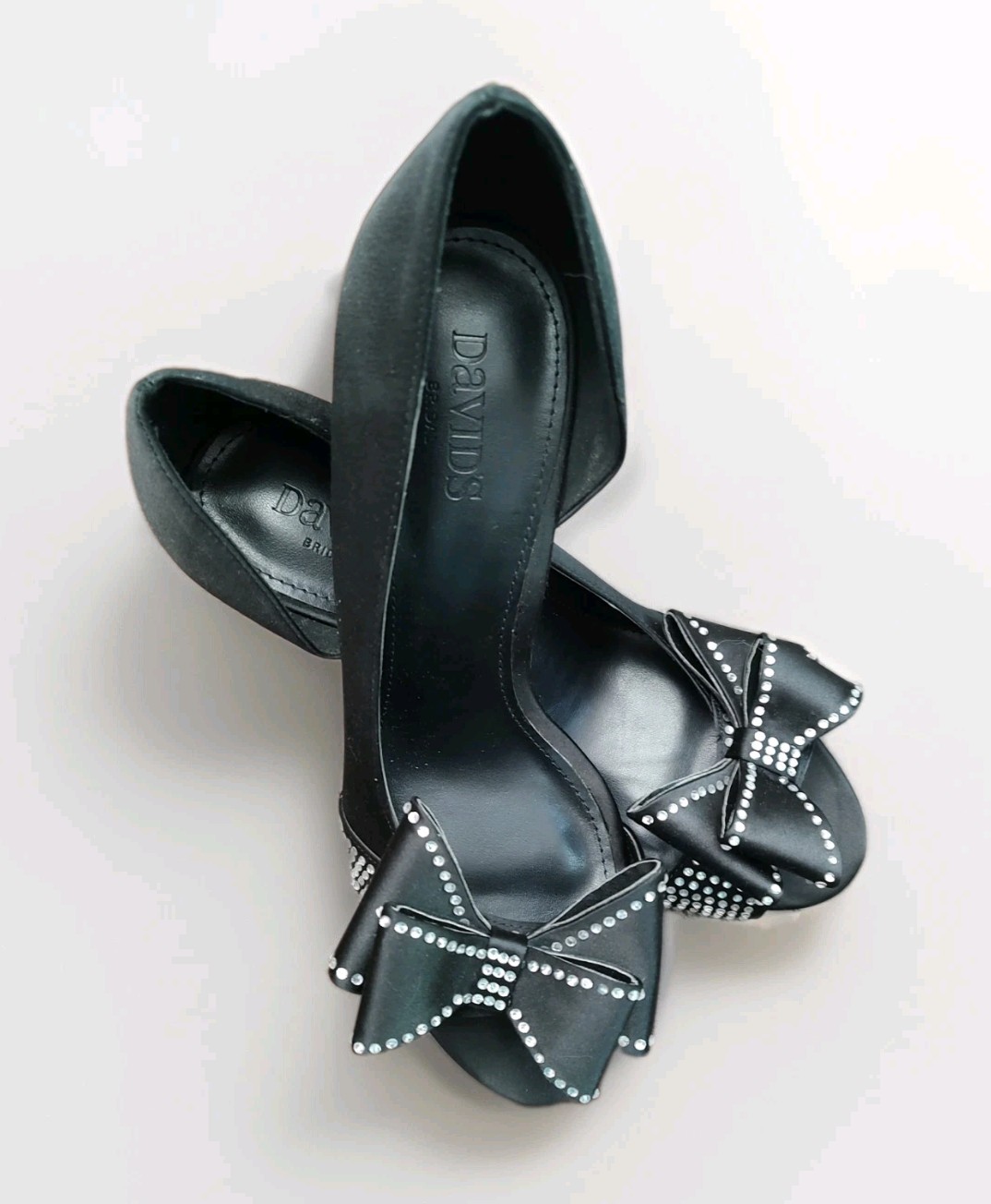 David’s Bridal Izzie Black Satin Peep-toe heels Rhinestone-emb Bow D’Orsay Style