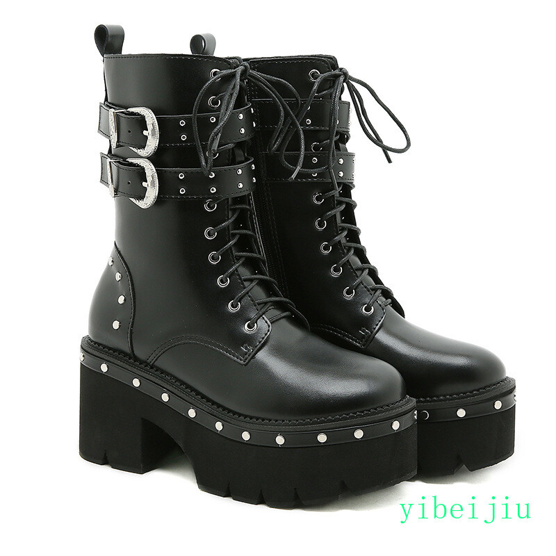 Men’s Studded Rivet Platform Motorcycle Ankle Boots Punk High Heel Leather Shoes