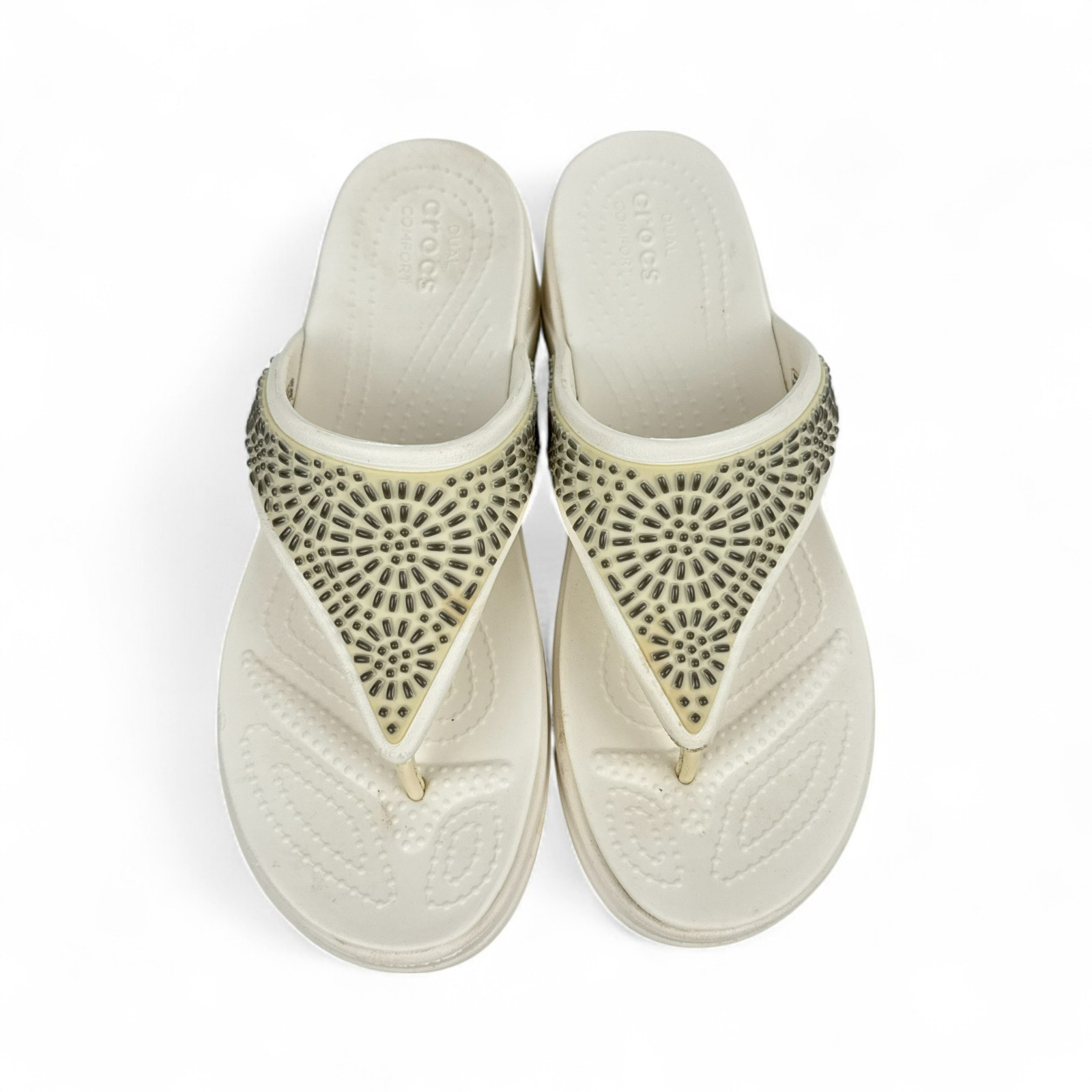 CROCS Women’s Monterey Diamante Wedge Flip Flop Sandal 9 White Dual Comfort