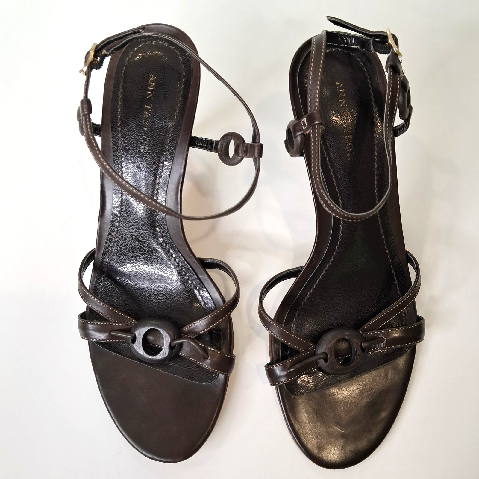 Ann Taylor Women’s Shoes Sandle Ankle Strap Kitten Heels 7M Leather Brown Brazil