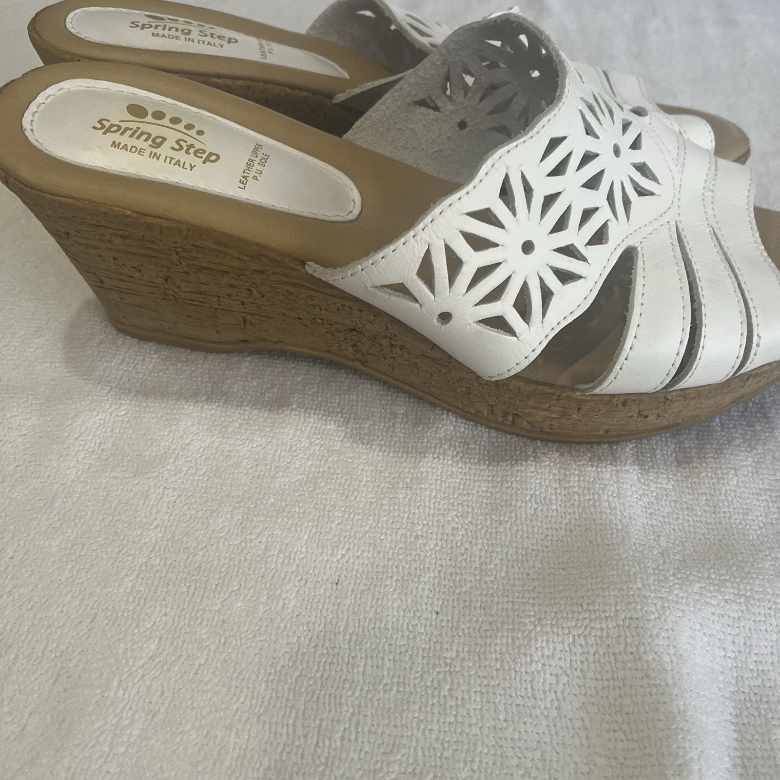 Spring Step Dora White Leather Laser Cut Summer Wedge Slide Sandal Cottagecore