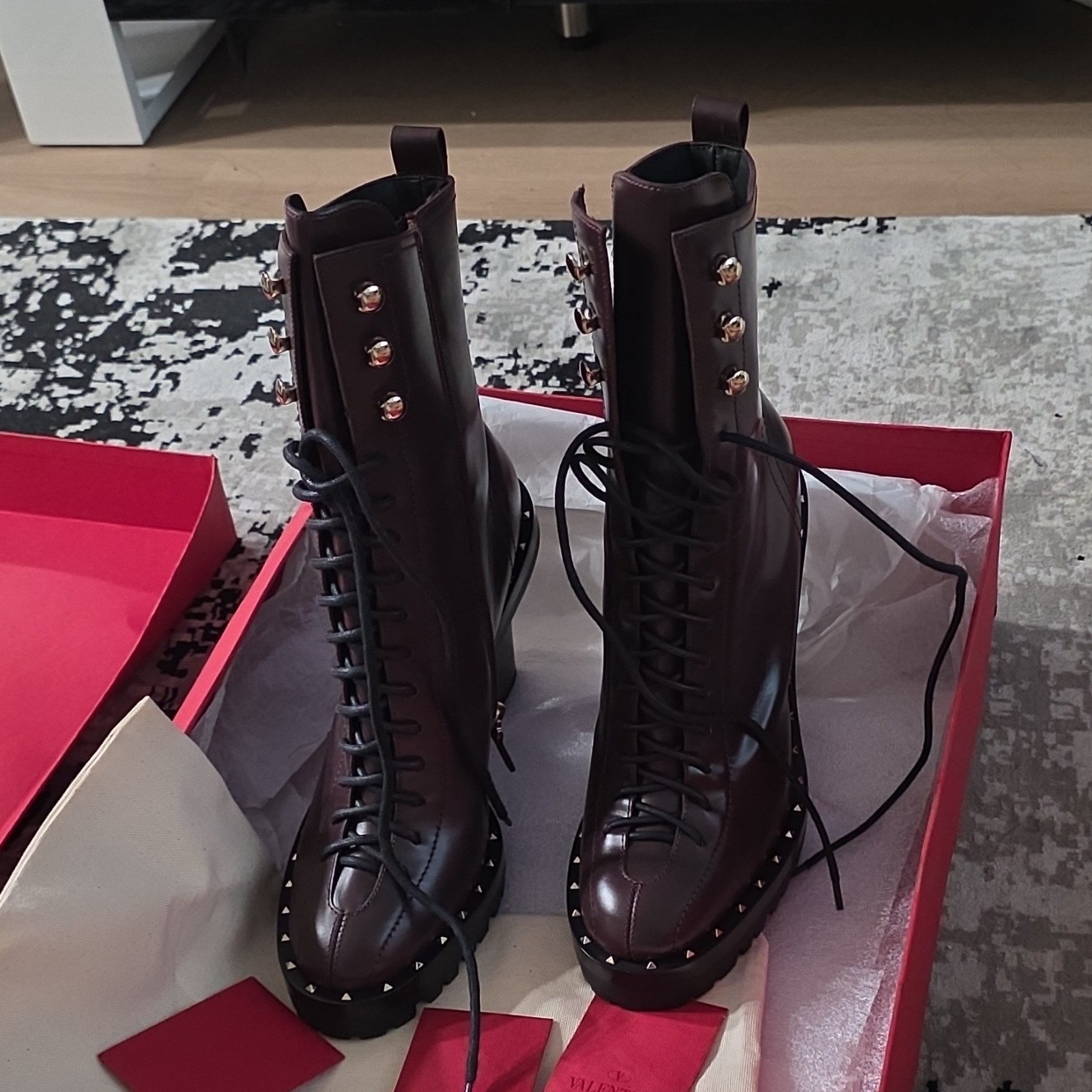 Valentino Garavani Burgundy Leather Studded Lace-Up Zipper Bootie US 9