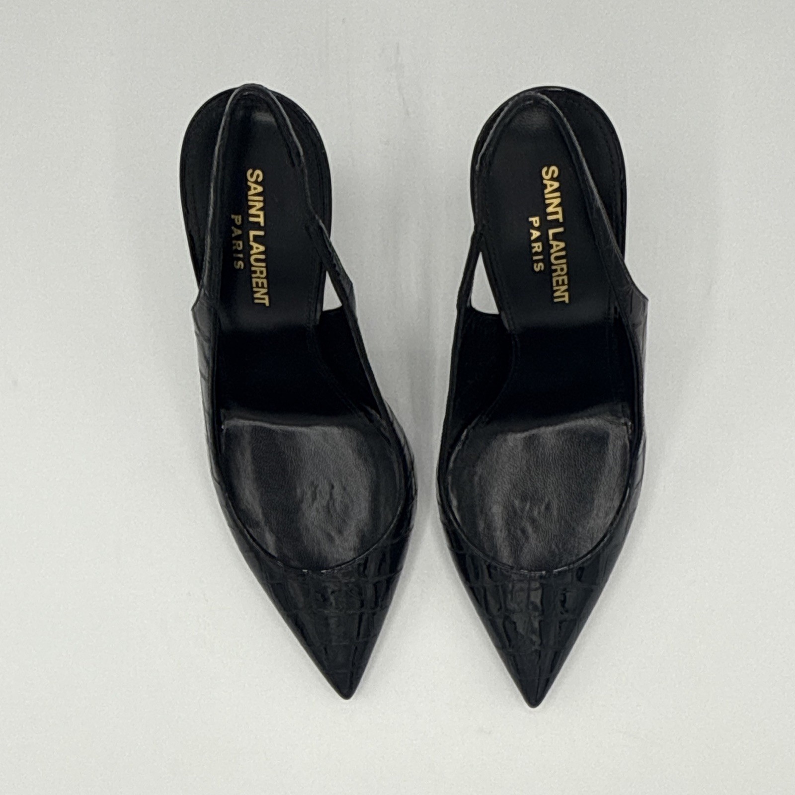 Saint Laurent Black Croc Embossed Leather Slingback Pointed Toe Heels – EU 39.5