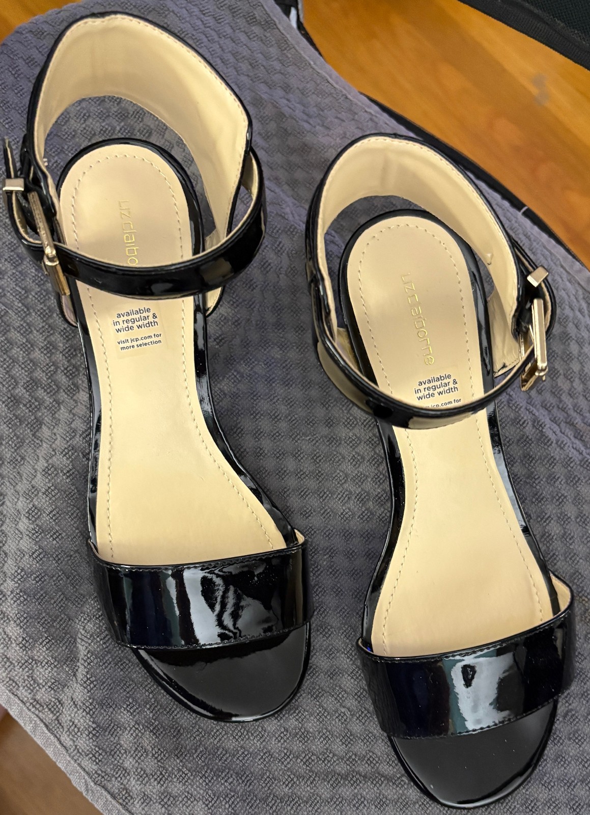 LC Eclipse Black Patent Sandals with Ankle Strap – 9 Wide