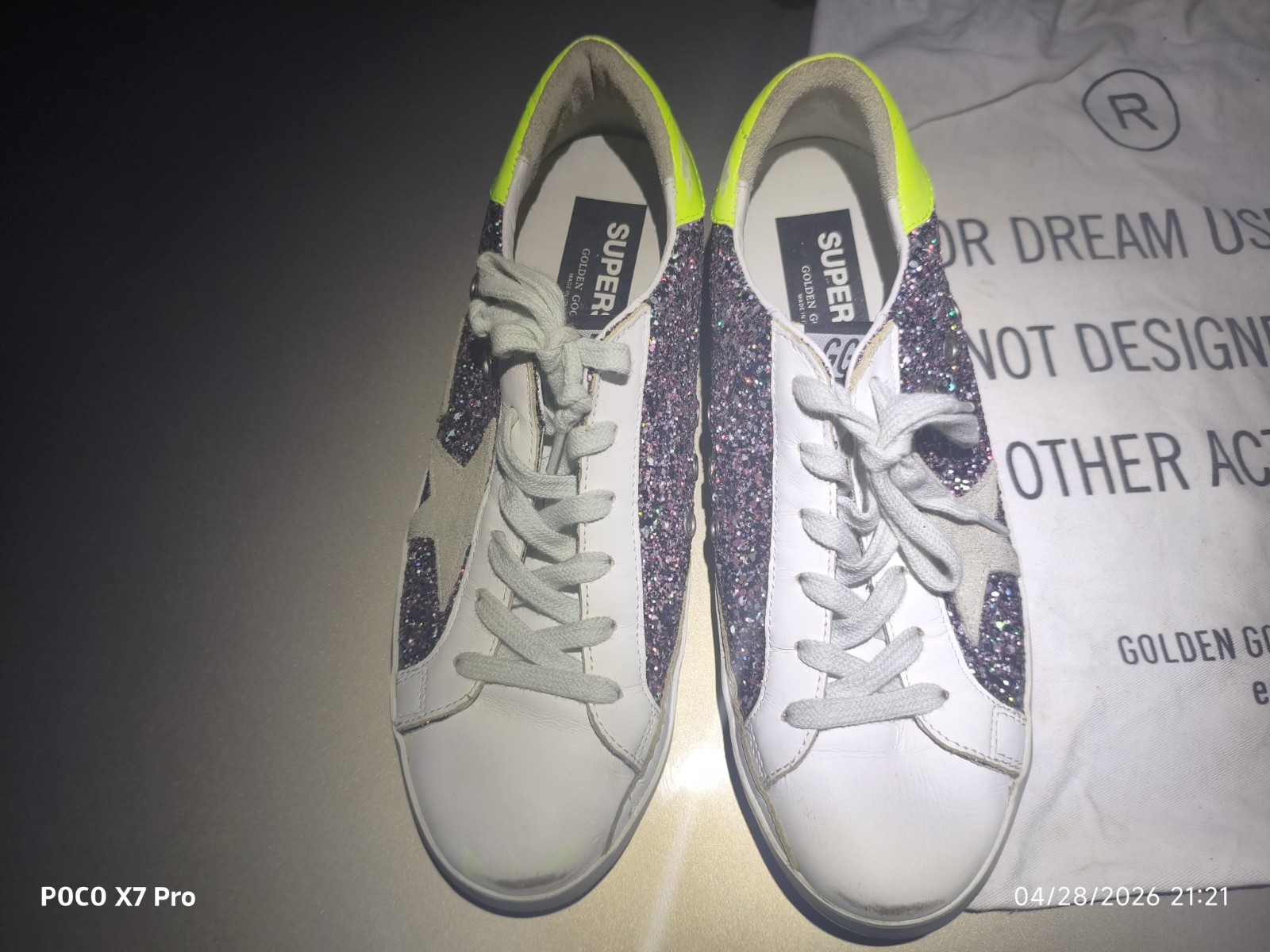 Golden Goose Superstar Low-Top Glitter Lace-Up Sneaker White Neon Yellow NWOB
