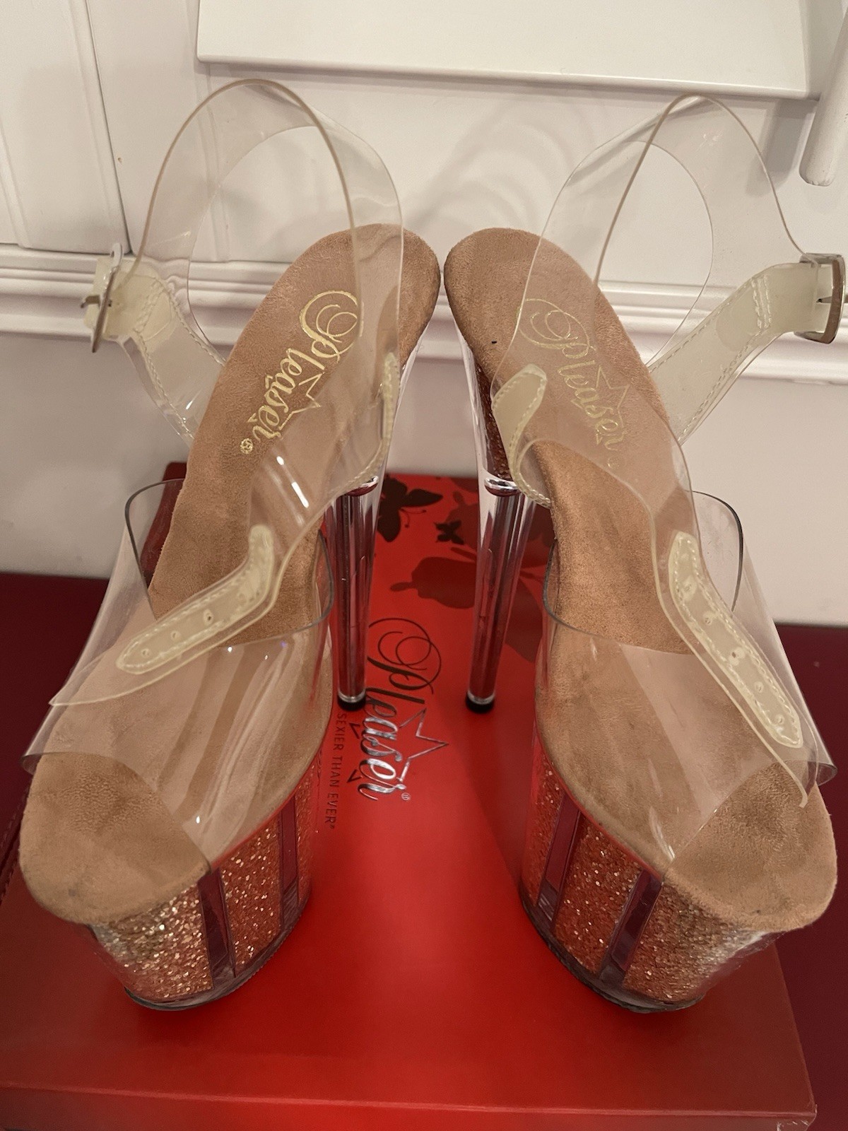 Pleaser Clear/Rose Gold Glitter Platform Ankle Strap Buckle Stiletto Heel 5