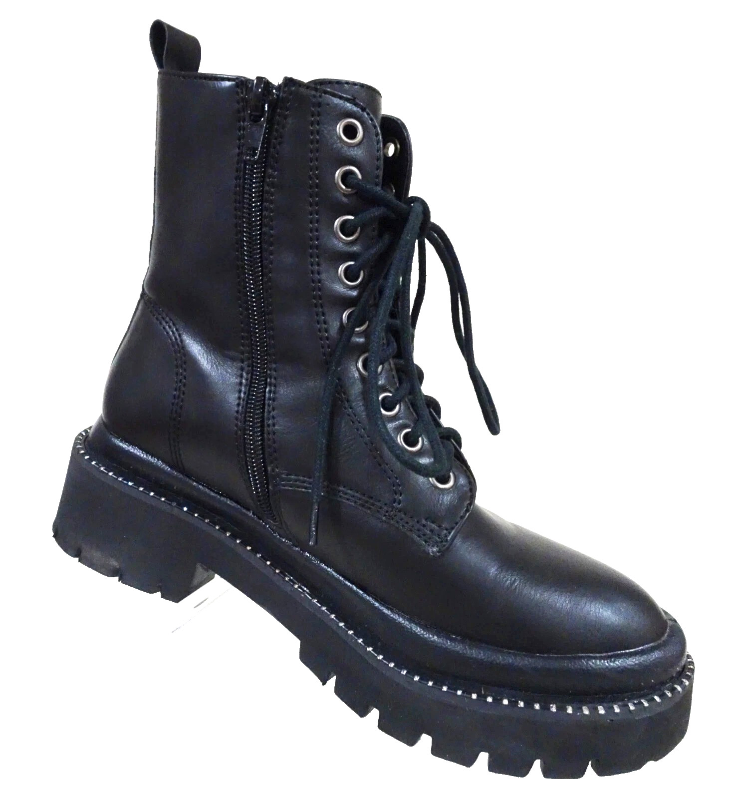 Sz 6 Rock & Candy Black Faux Leather 90s Y2K Rhinestone Platform Zip Combat Boot