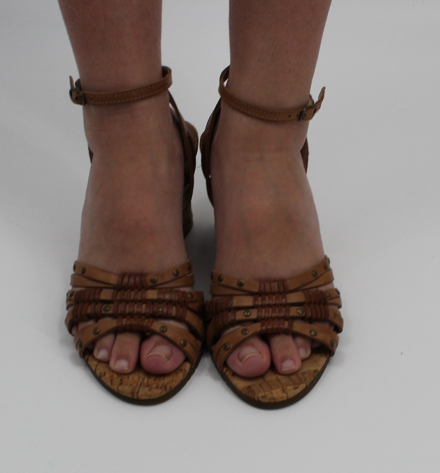 VINTAGE 1970s Strappy Beaded Leather Sandals Cork Wedge Heel Sz 8.5W BOHO EARTHY