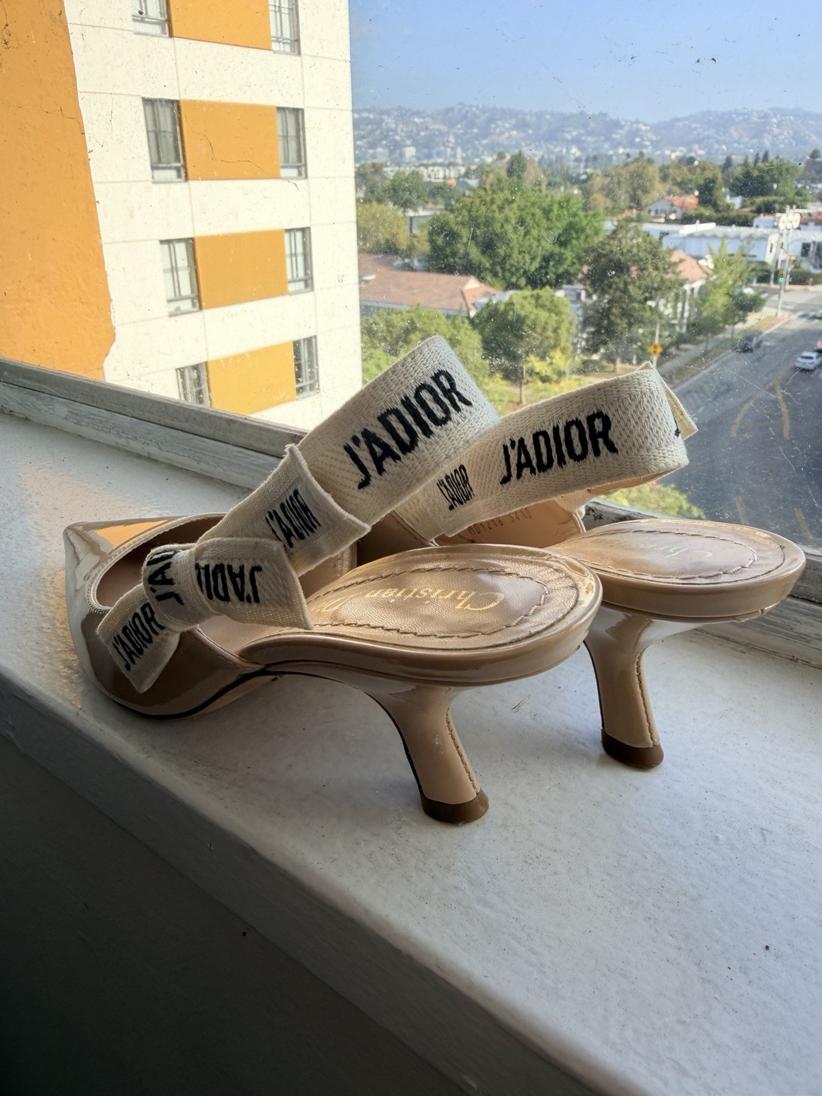 Christian Dior Beige Patent Leather Slingback Pointed Toe Logo Heels 4.5