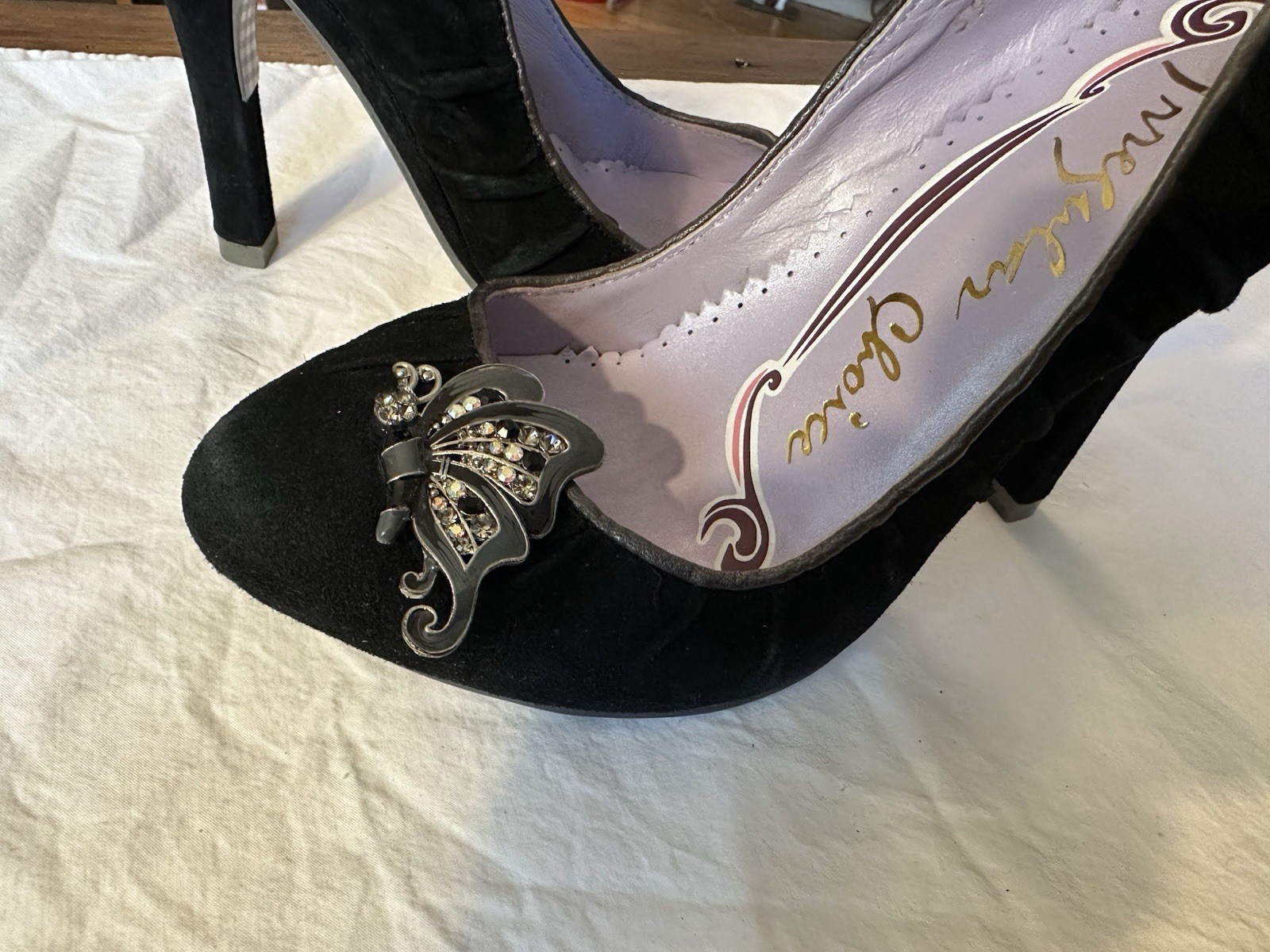 Irregular Choice Black Suede Closed Toe Pump Rhinestone Butterfly Stiletto