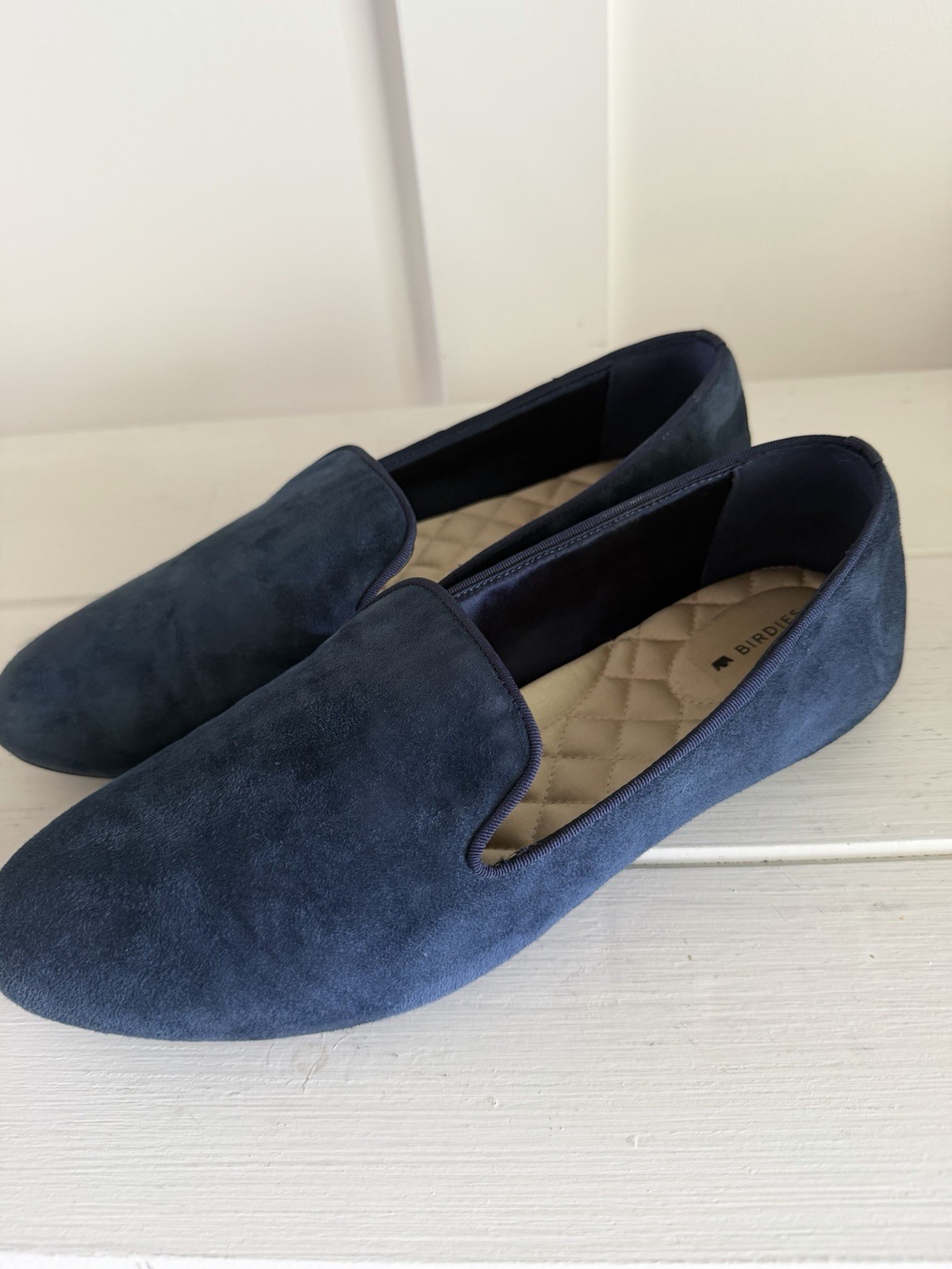 Birdies The Starling Loafers Wms 9.5 Navy Blue Suede Quilted Comfort Flats EUC