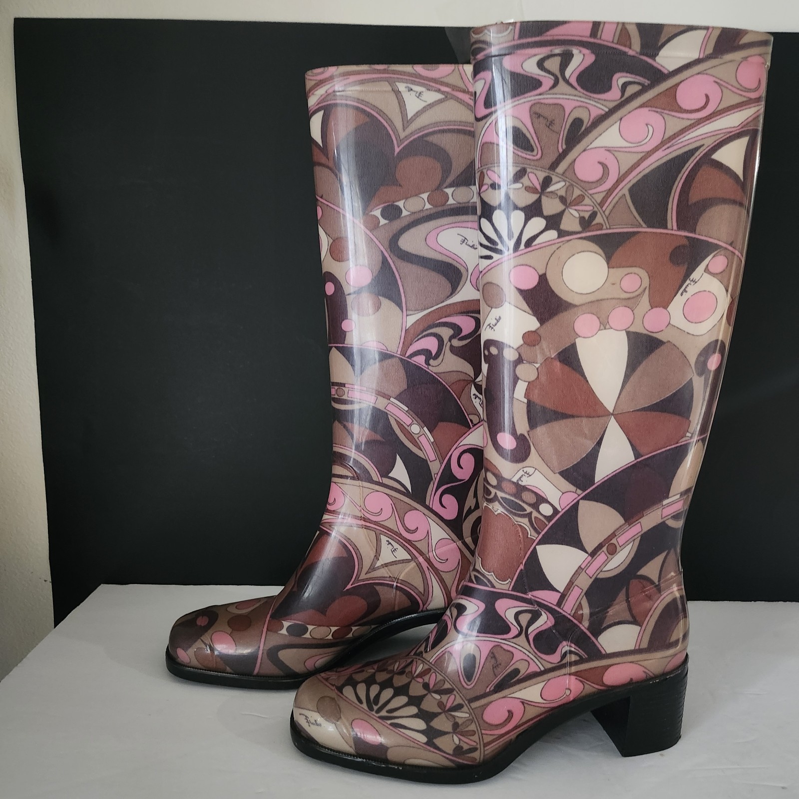 Vtg Emilio Pucci Psychedelic Pink & Brown Knee High Rain Boots Sz 7.5 – 8 Y2K