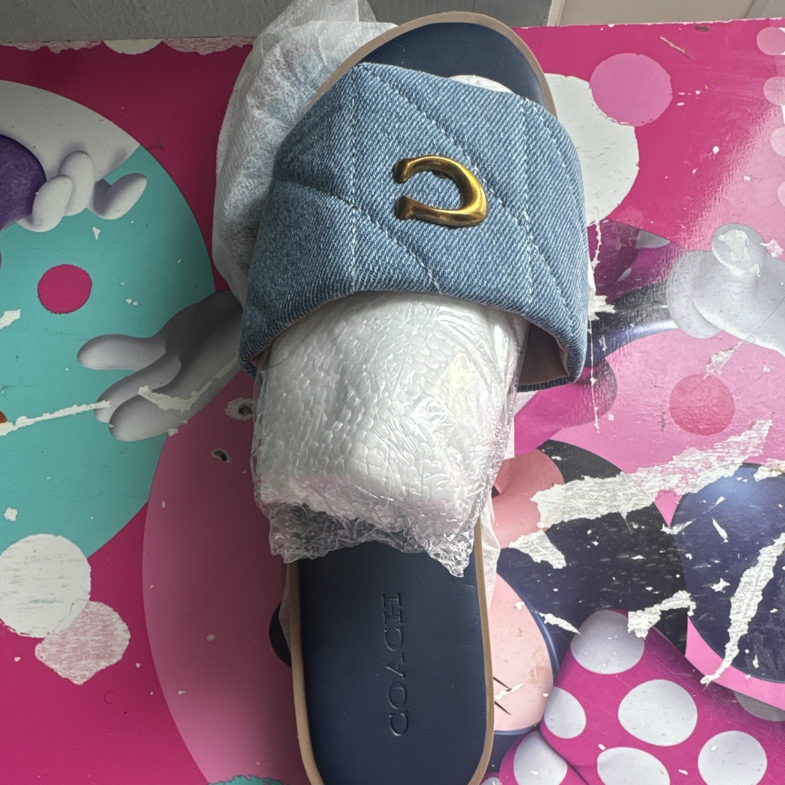 Coach Women’s Blue Denim Logo Slide Sandals Slip On Flat US 11 EU 41