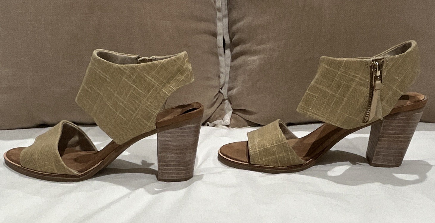 TOMS Majorca Cutout Sandal Natural Yarn Gold Metallic Block Heel Zipper 7.5 NWT