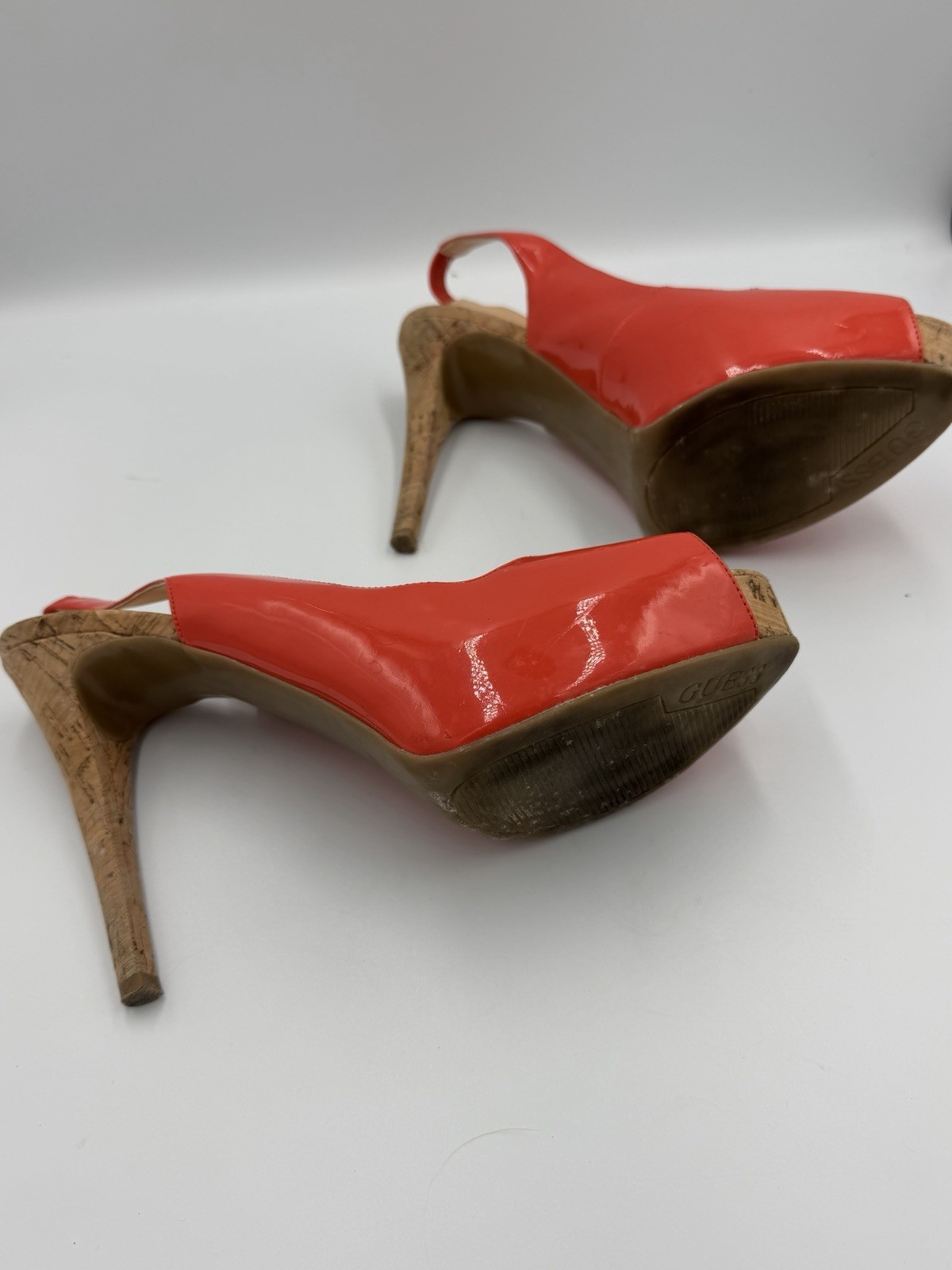 Guess Aero6 Orange Patent Peep Toe Slingback Cork Platform Heels Women’s 9.5