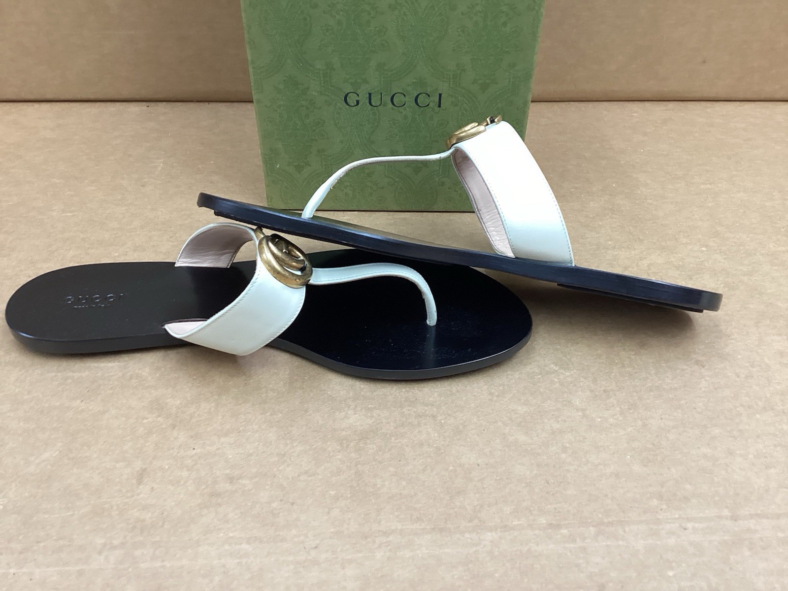 Gucci GG Marmont Thong Sandal , Gold / Black , White Leather , Sz 42