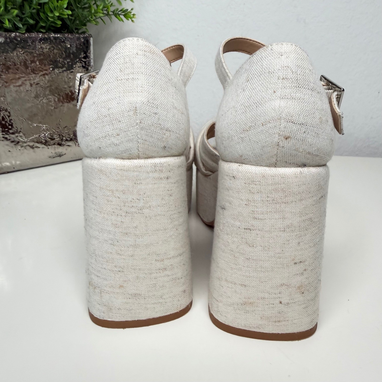 Copper Key Picnic Beige Linen Platform Sandals Womens Knot Block Heel Retro 5.5M