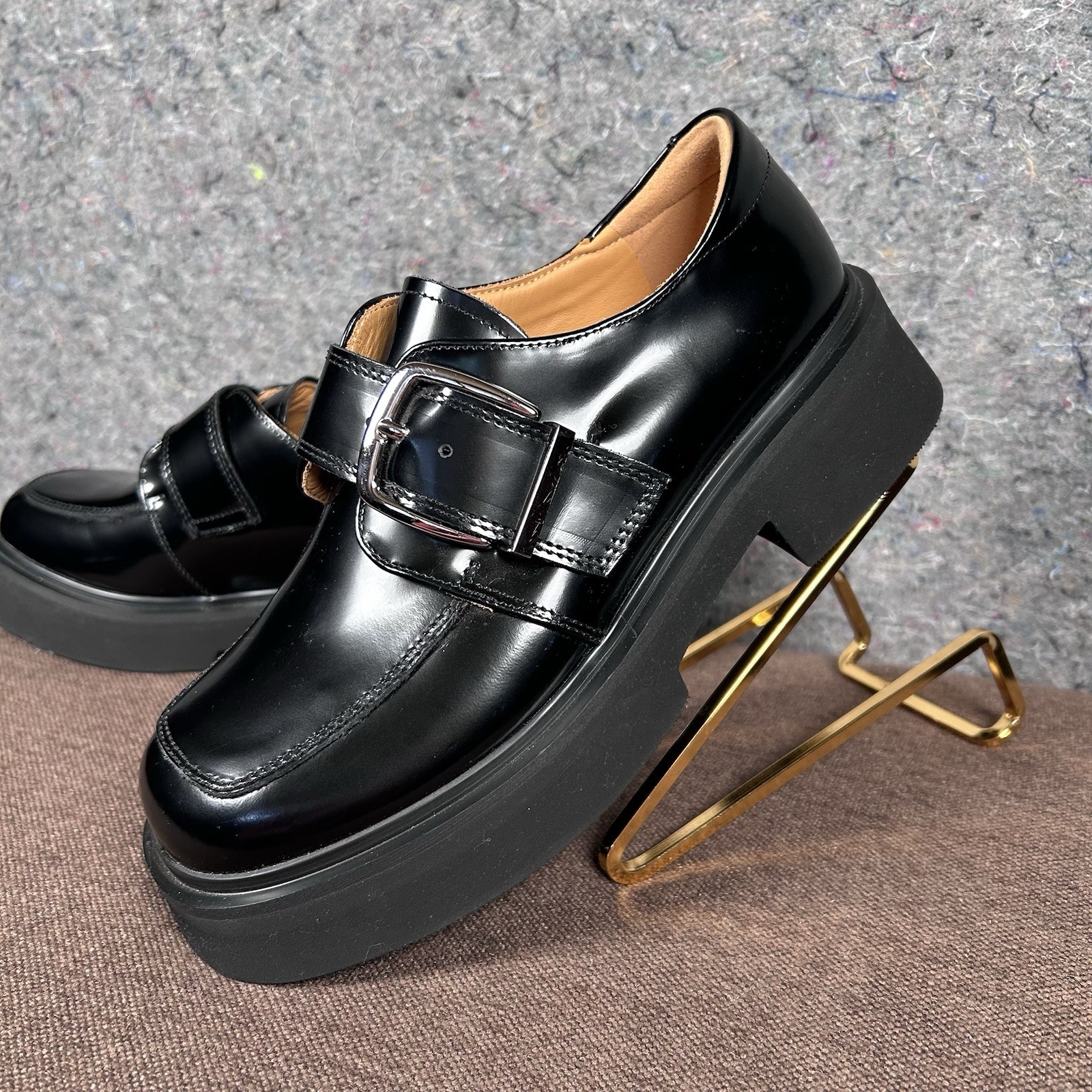 Beau Today Women’s Calfskin Business Casual Buckle Loafer Black Chunky 7-7.5