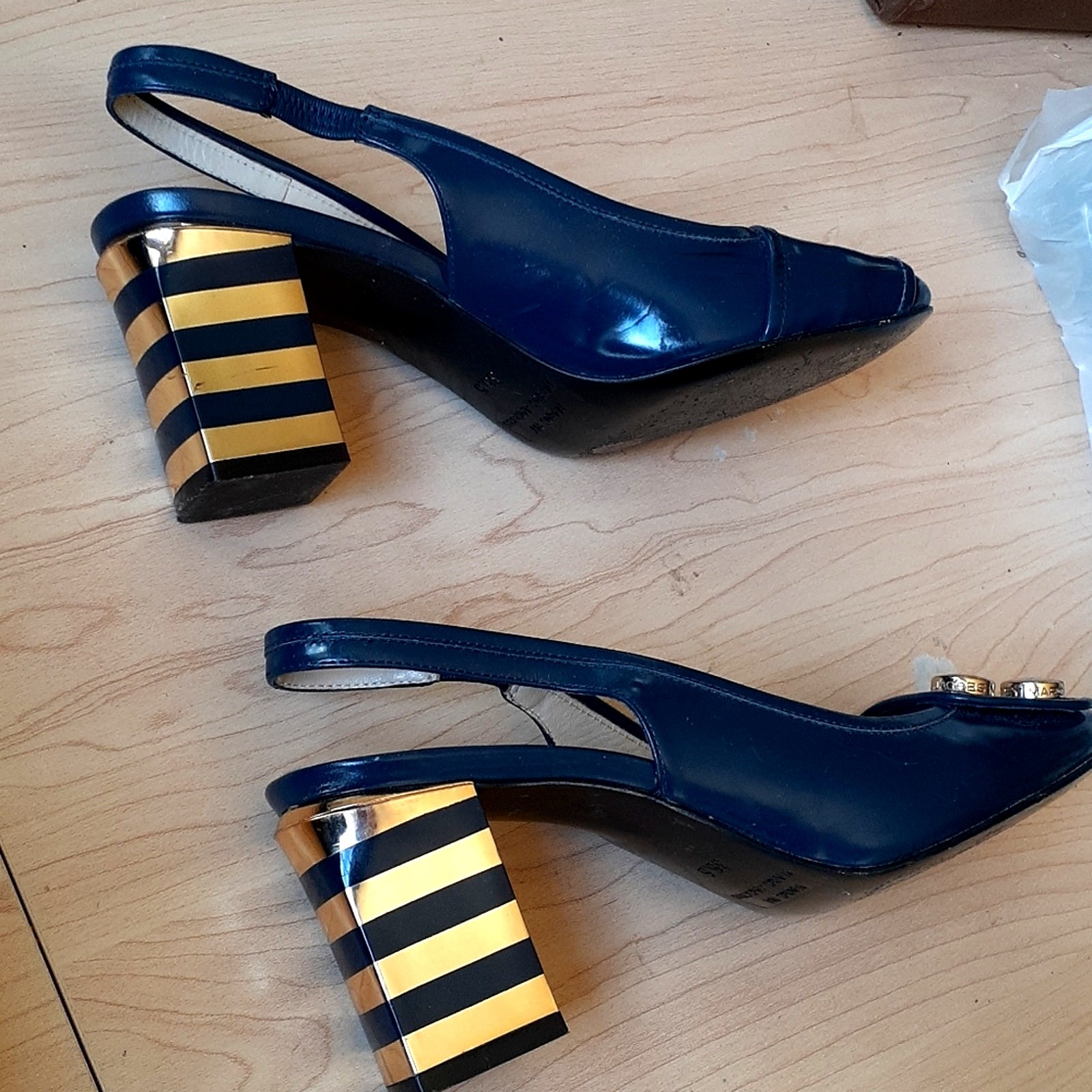 Marc by Marc Jacobs Sliingbacks Blue Gold Striped Heels 35.5 Art Deco City Chic