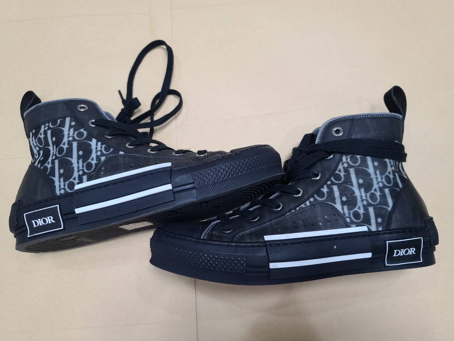 Authentic DIOR B23 Oblique Canvas Black Calfskin High Top Sneakers Shoes sz 38