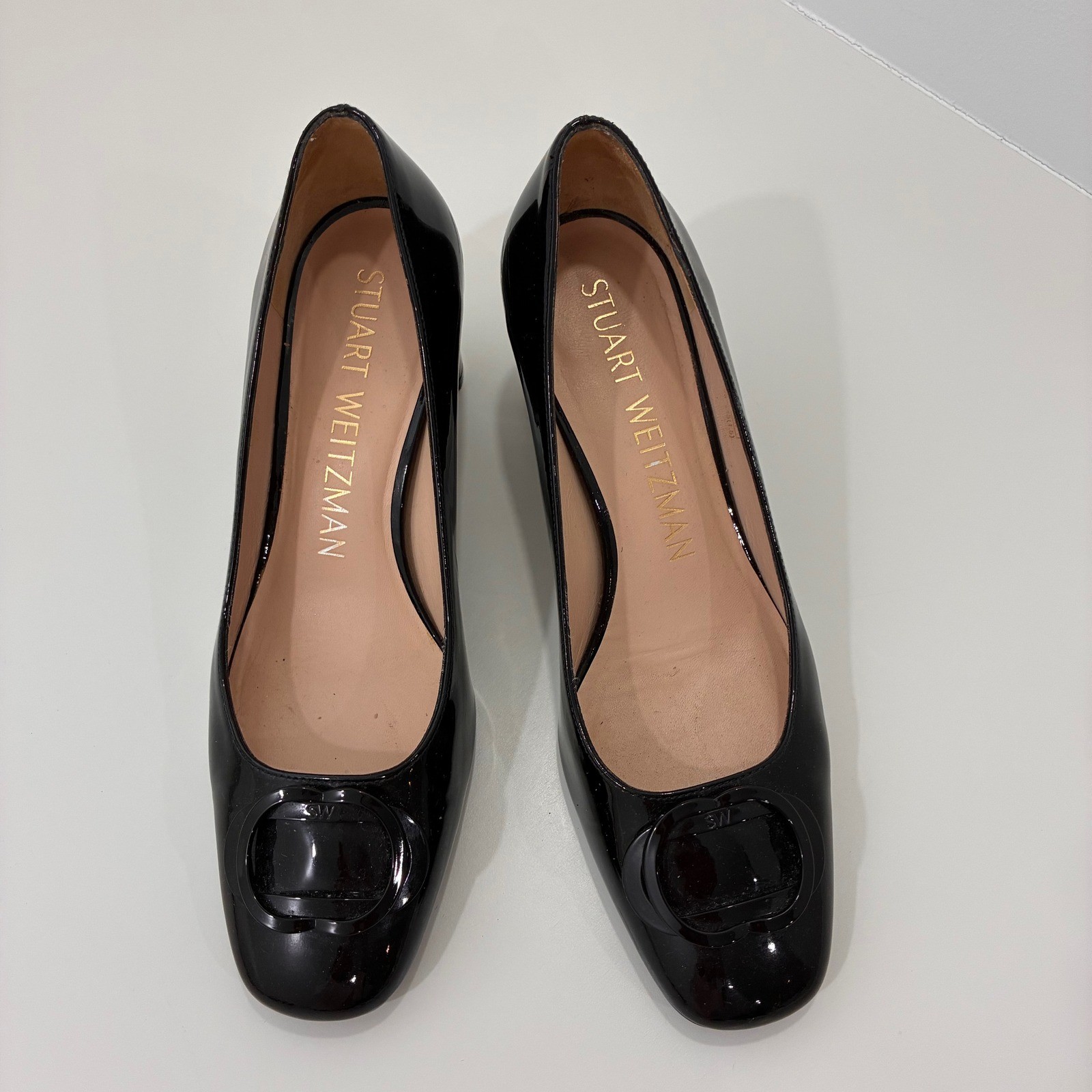 Stuart Weitzman Black Patent Leather Block Heel Square Toe Buckle Pumps 7.5B