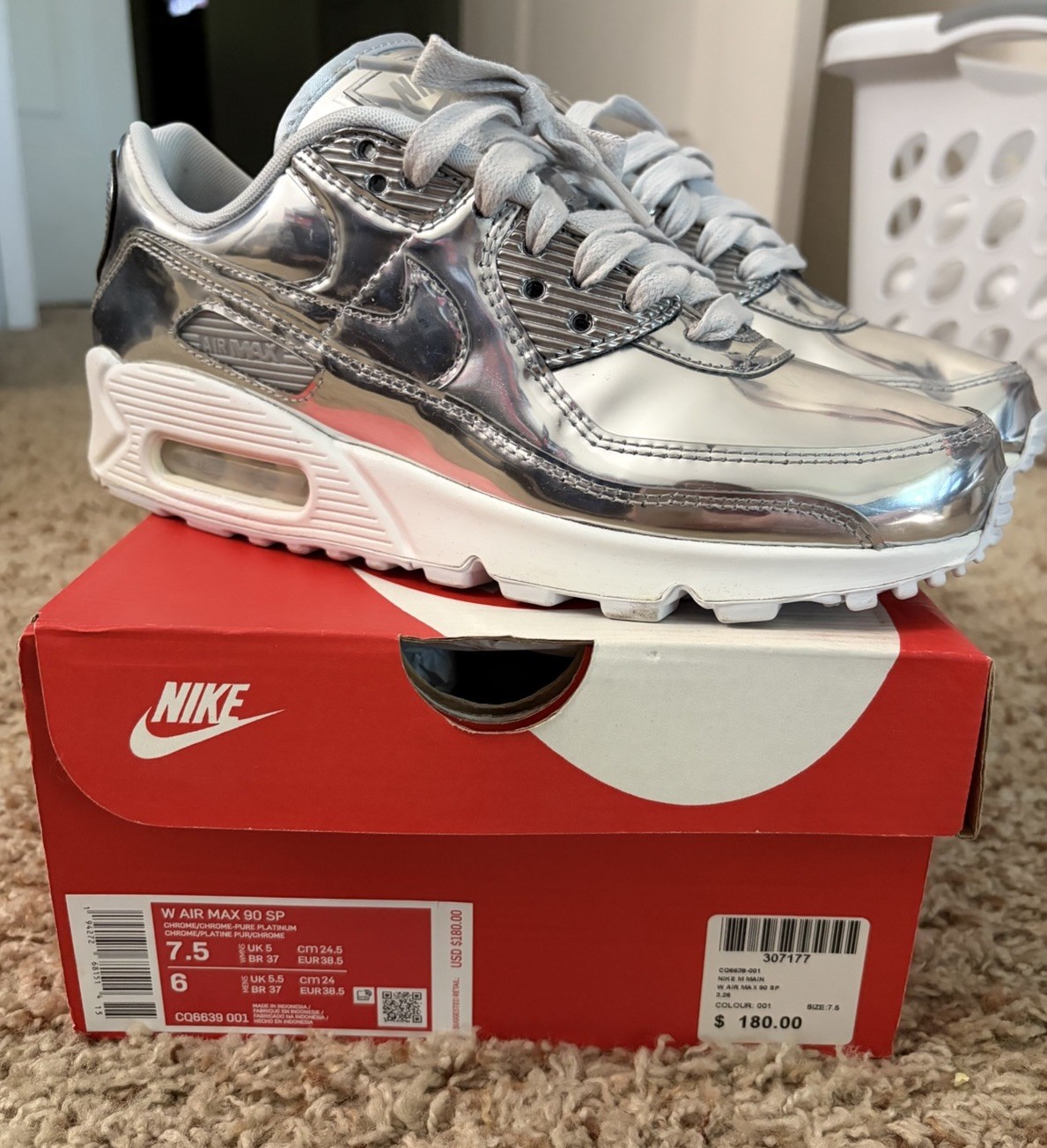Women’s Nike Air Max 90 SP Size 7.5 Chrome Pure Platinum Silver CQ6639-001