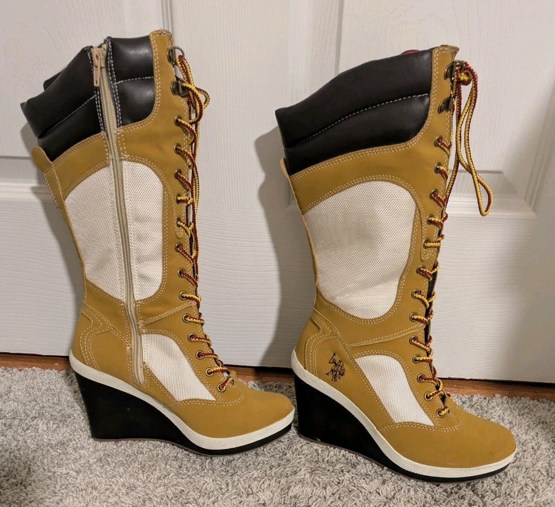 U.S. Polo Assn. Women’s Tan Lace-Up Wedge Boots Size 6M – Faux Leather/Fabric