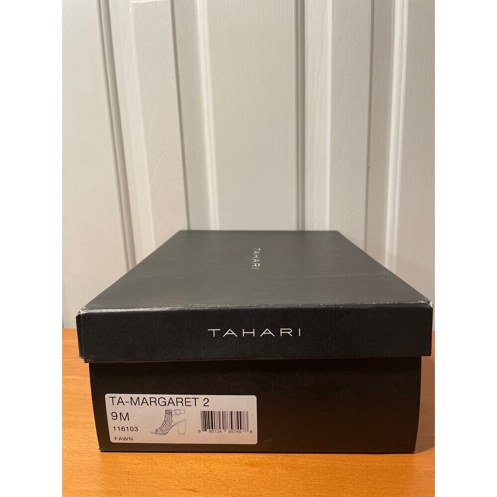 Tahari Margaret Tan Perforated Leather Block Heel Open Toe Sandals Shoes 9