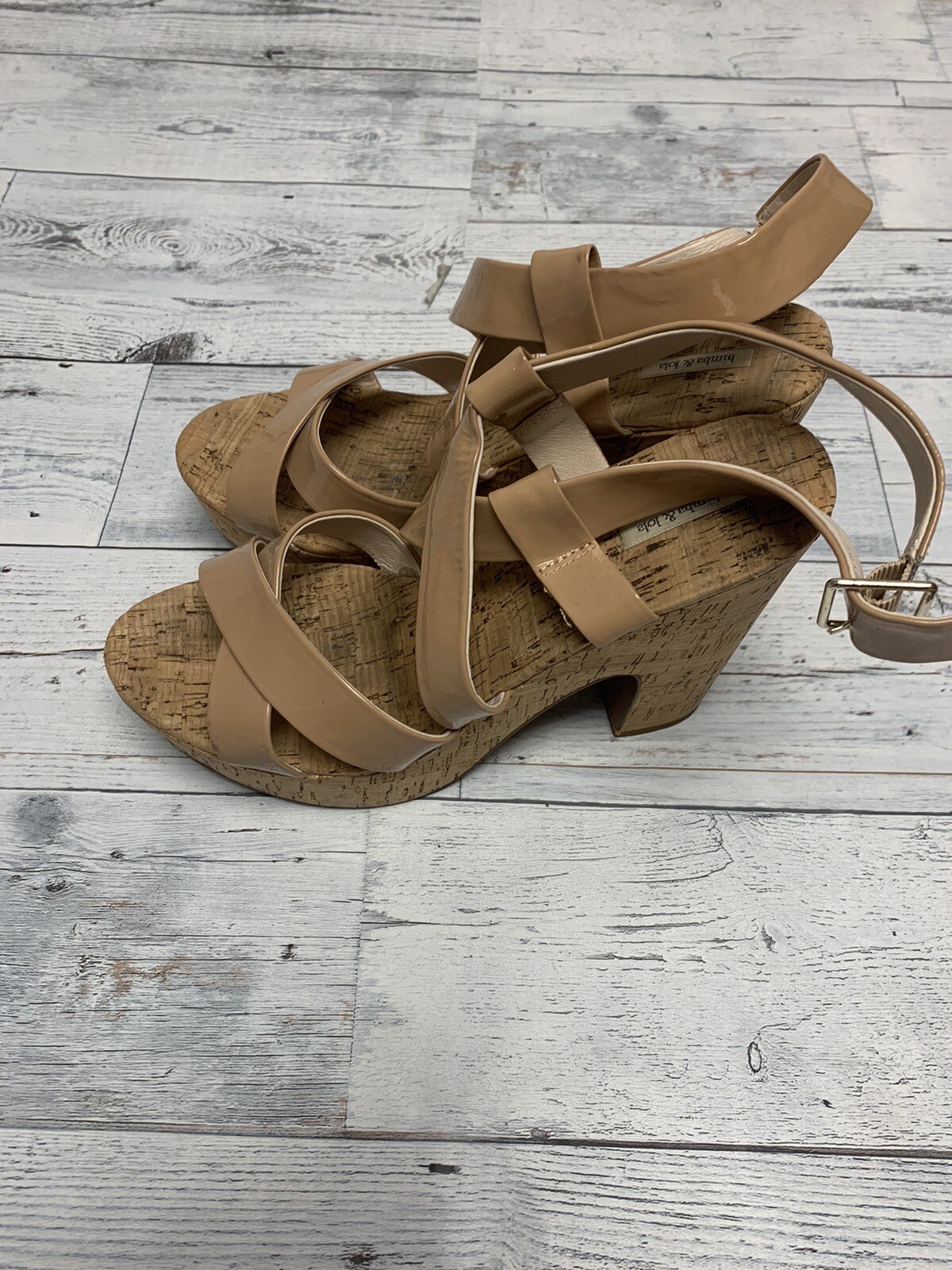 Bimba Y Lola Beige Strap Wedges Platform Cork Heel Sling back Ankle Strap S 10