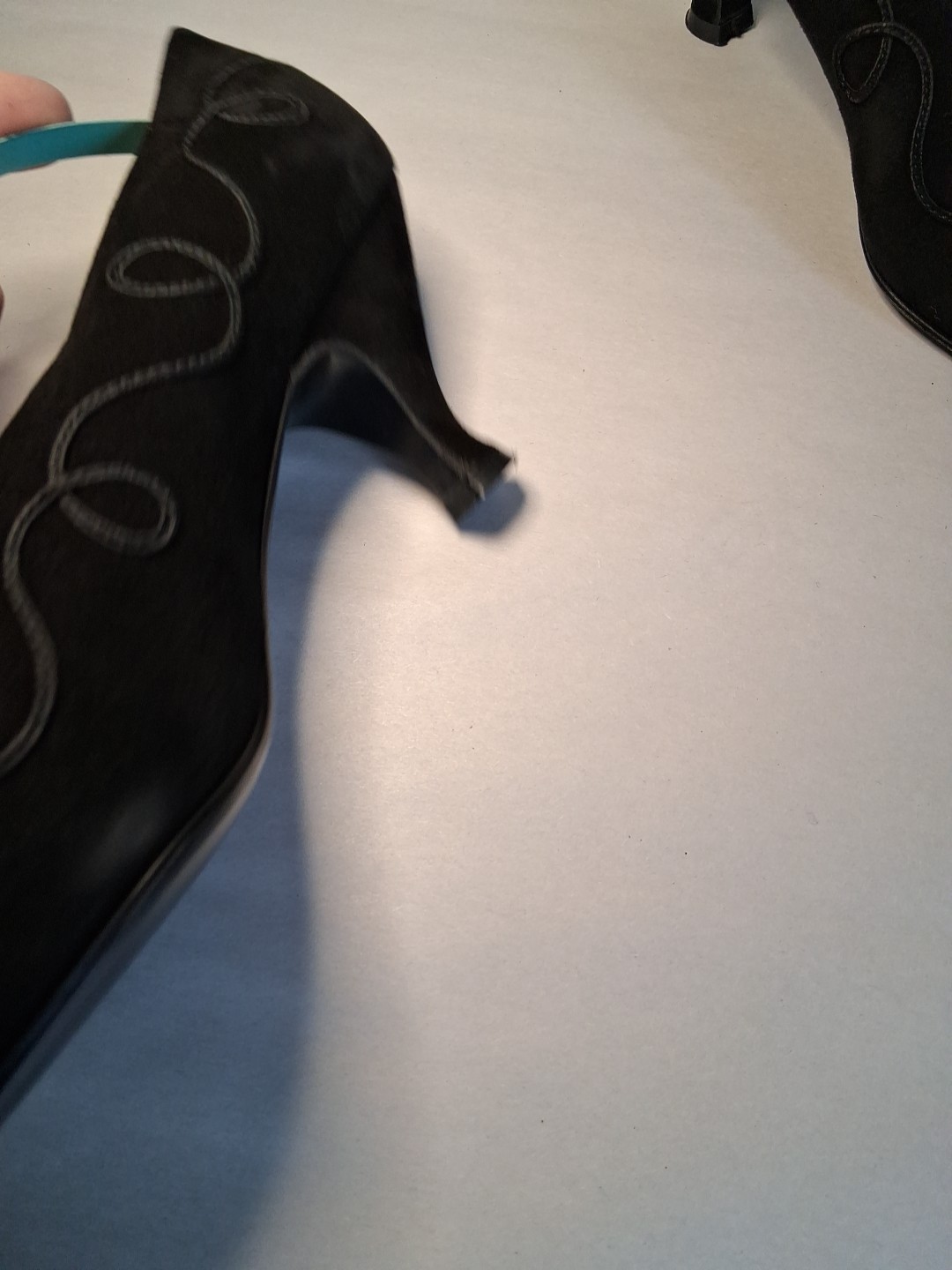 Peter Fox Size 7.5 B Black Suede Flare Heel Pumps Ribbon Ropeing