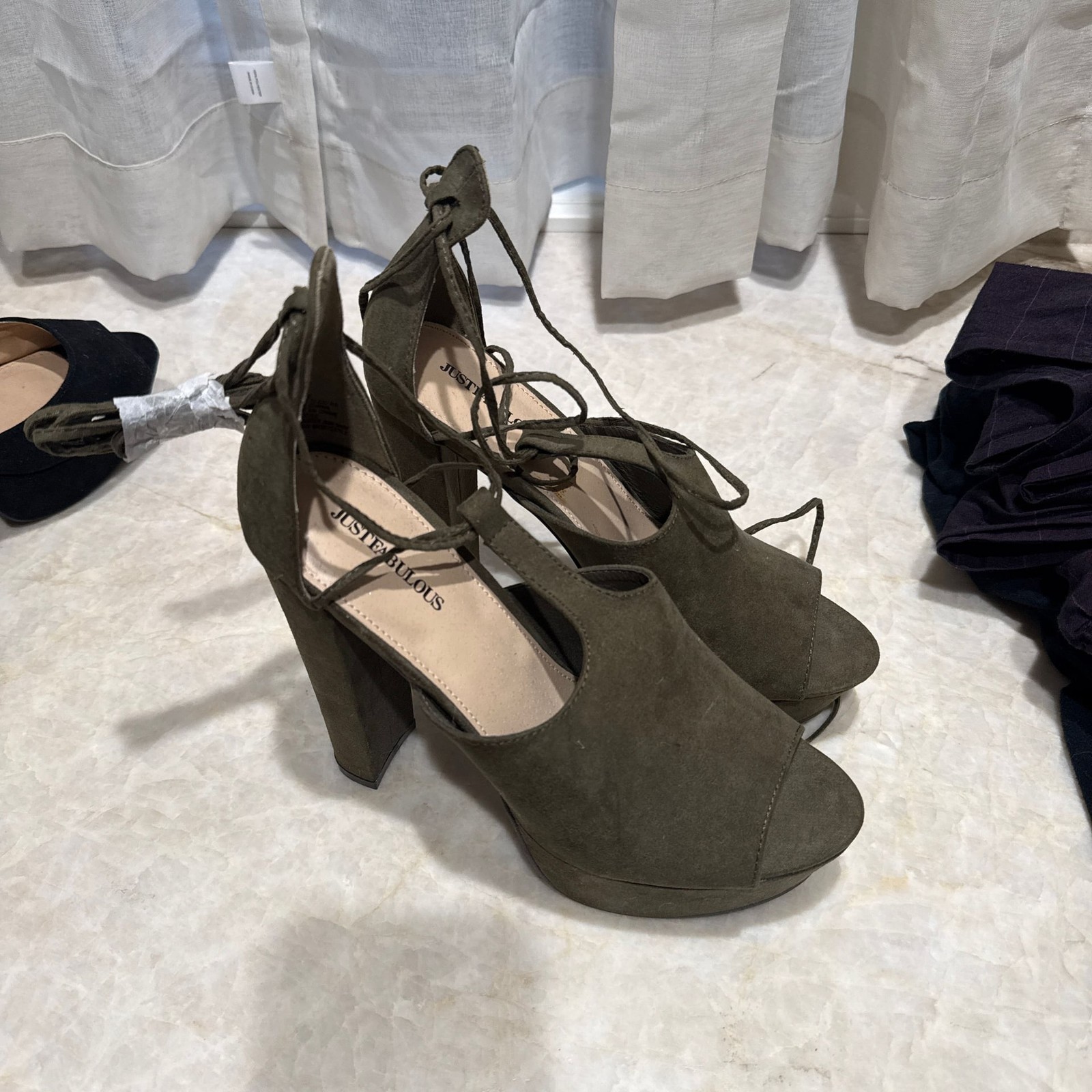 JustFab Olive Green Faux Suede Lace-Up Platform Block Heels