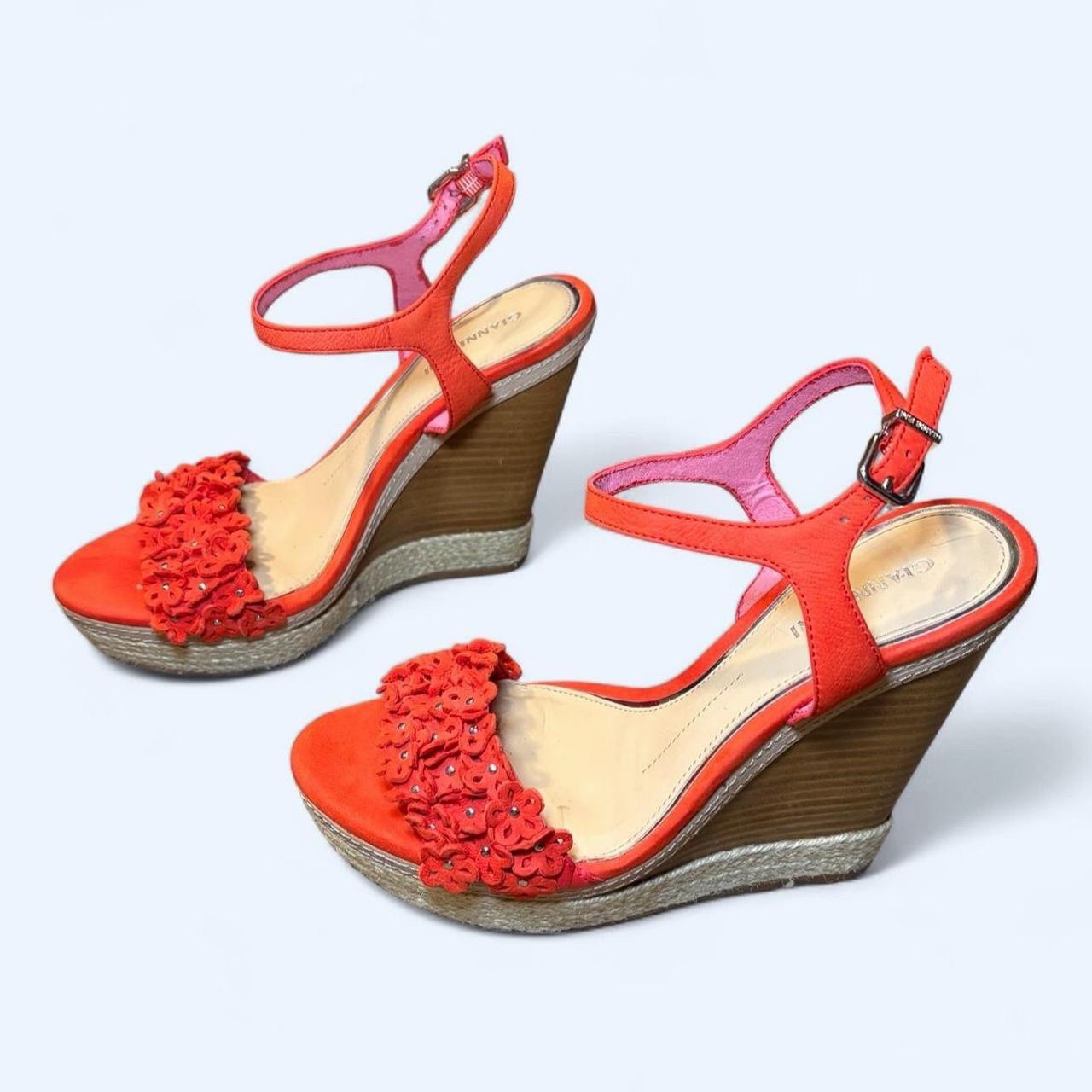 Red Floral Wedges Platform Heels 8.5 Gianni Bini Ankle Strap Suede Espadrilles