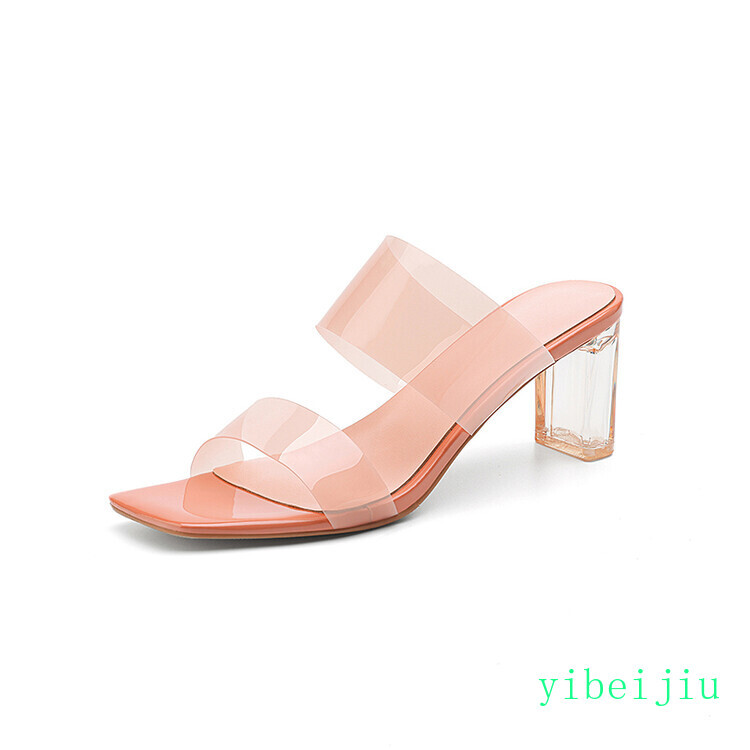 Womens Square Toe Clear Crystal Heel Sandals Mules Slides Dress Party Sexy Shoes